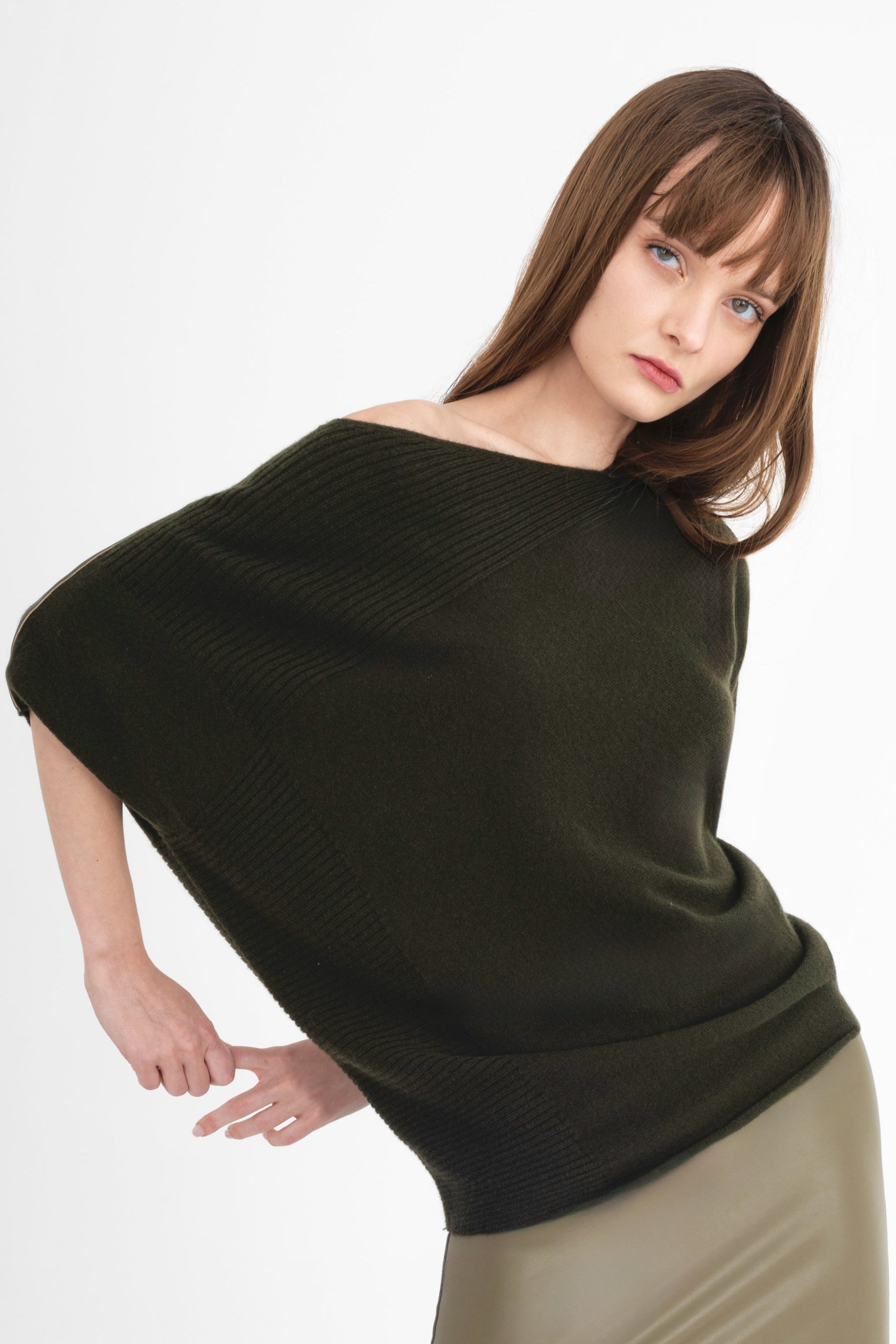 Cashmere Blend Asymmetrical Shell Top with Vegan Leather Trim - CARRARA Sweater YUE FENG