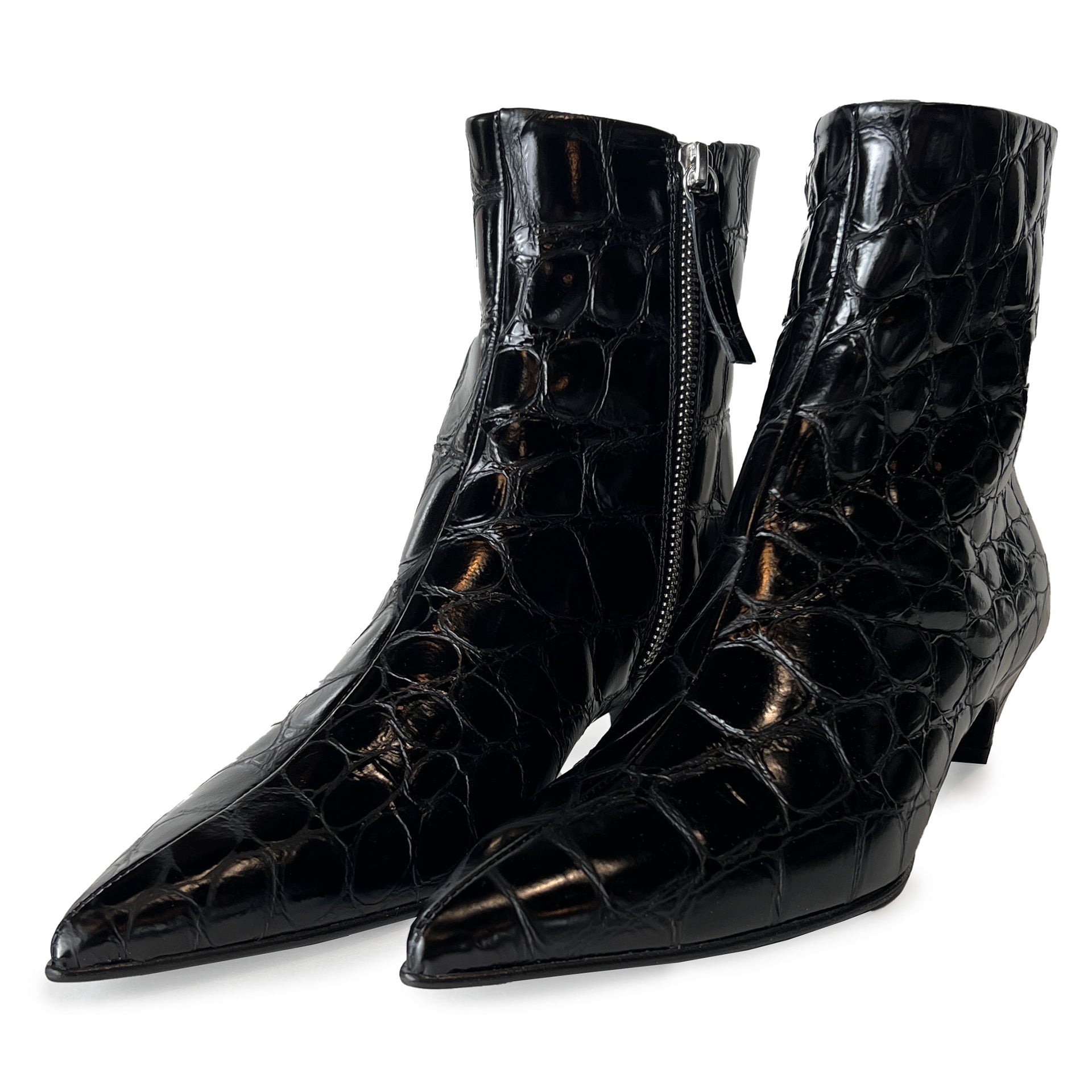 Croco Embossed Leather Pointy Toe Kitten Heel Ankle Boots - FOSCA16C Shoes Halmanera