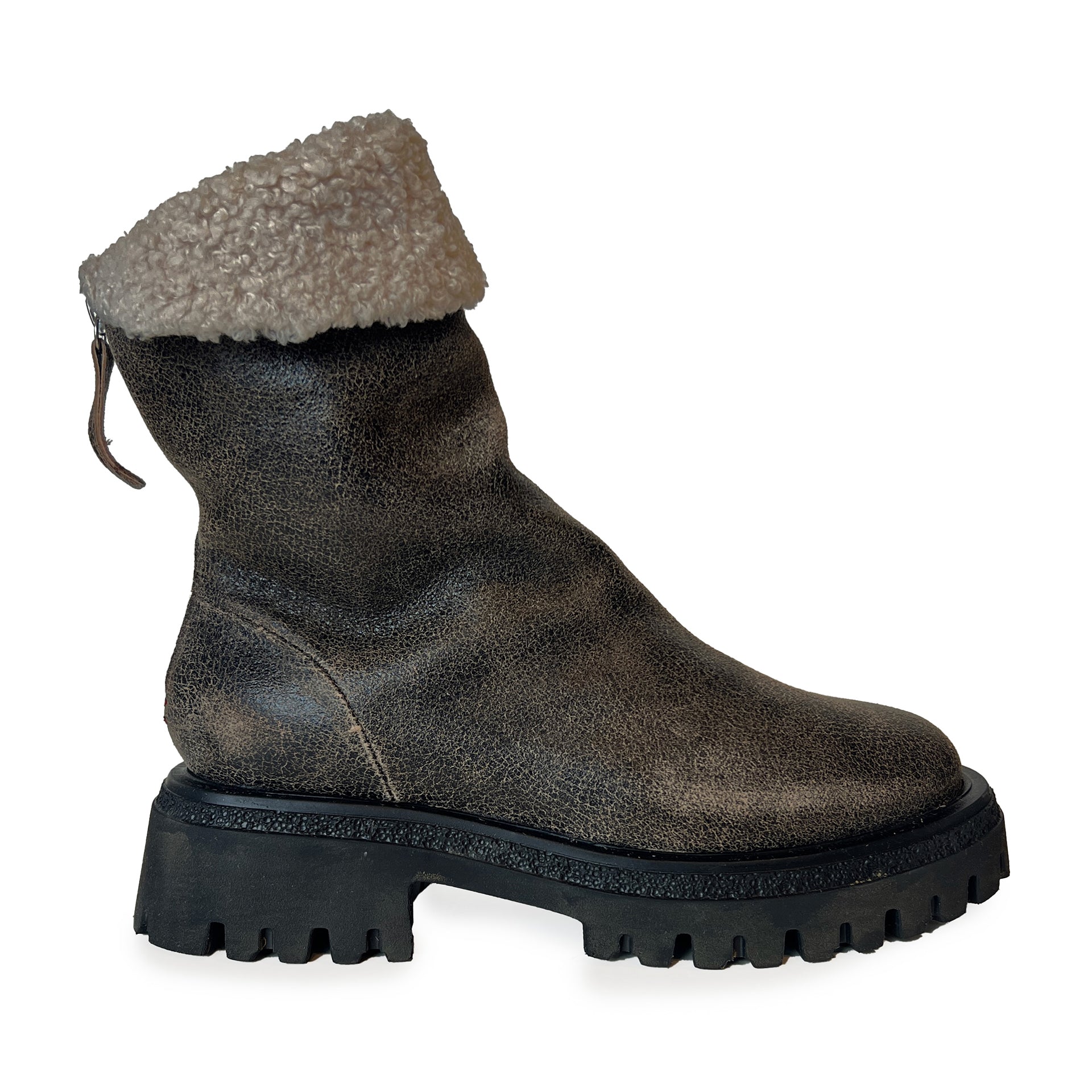 Shearling Round Toe Lug Sole Ankle Boots - RAMA27W Shoes Halmanera Taupe 36