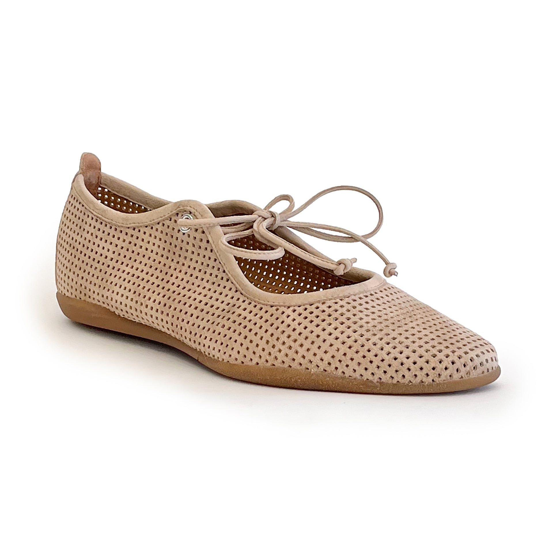 Beige perforated suede ballet flat shoe on a white background