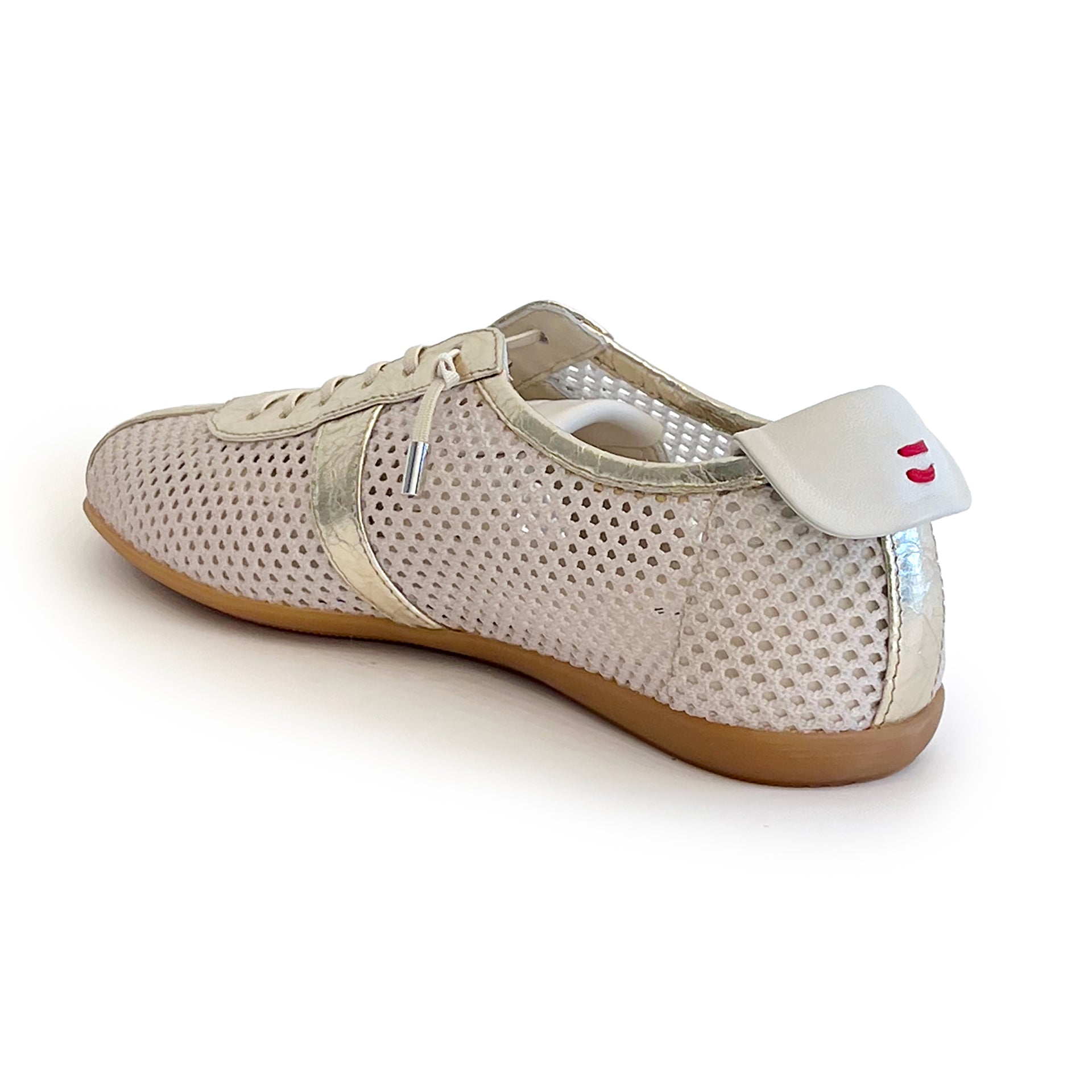 White mesh sneaker with metallic leather contrast on a white background