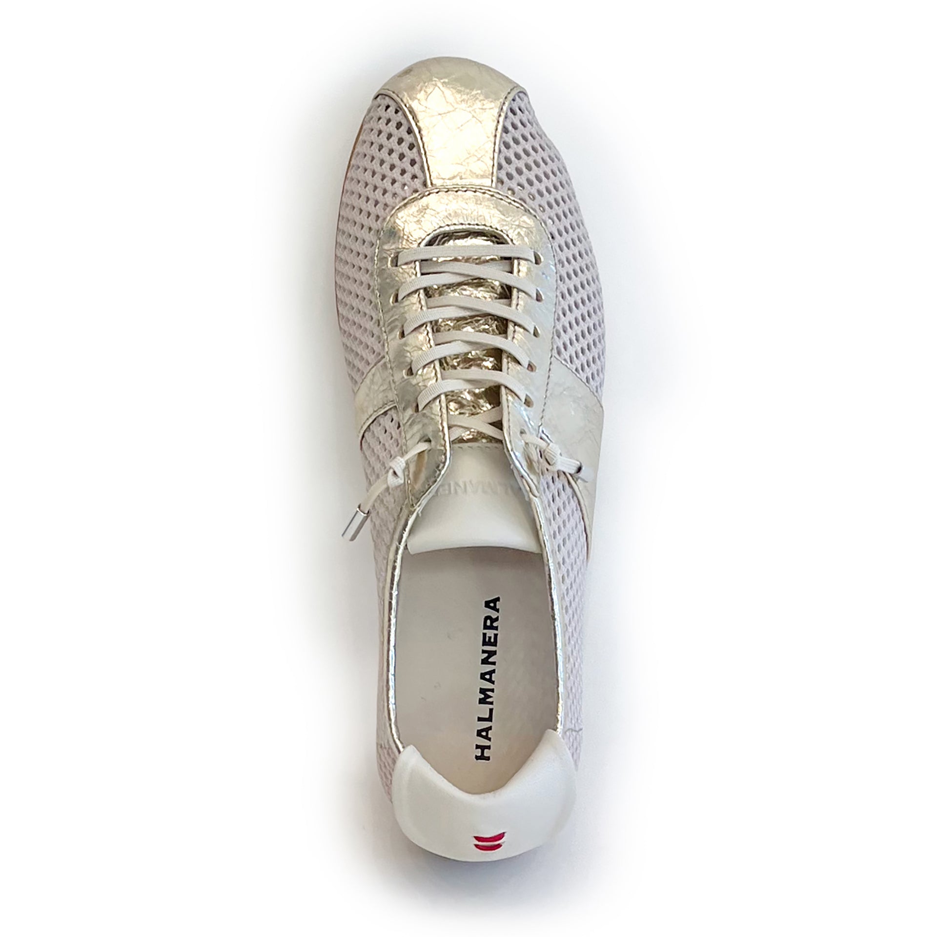 White mesh sneaker with metallic leather contrast on a white background