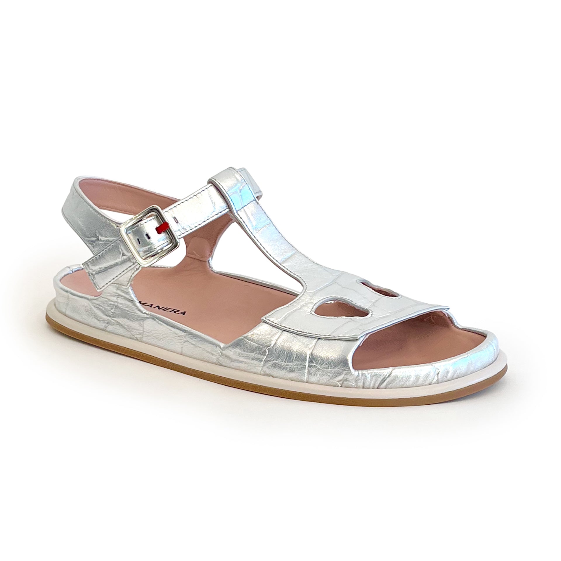 Silver croco ankle strap flat sandal on a white background