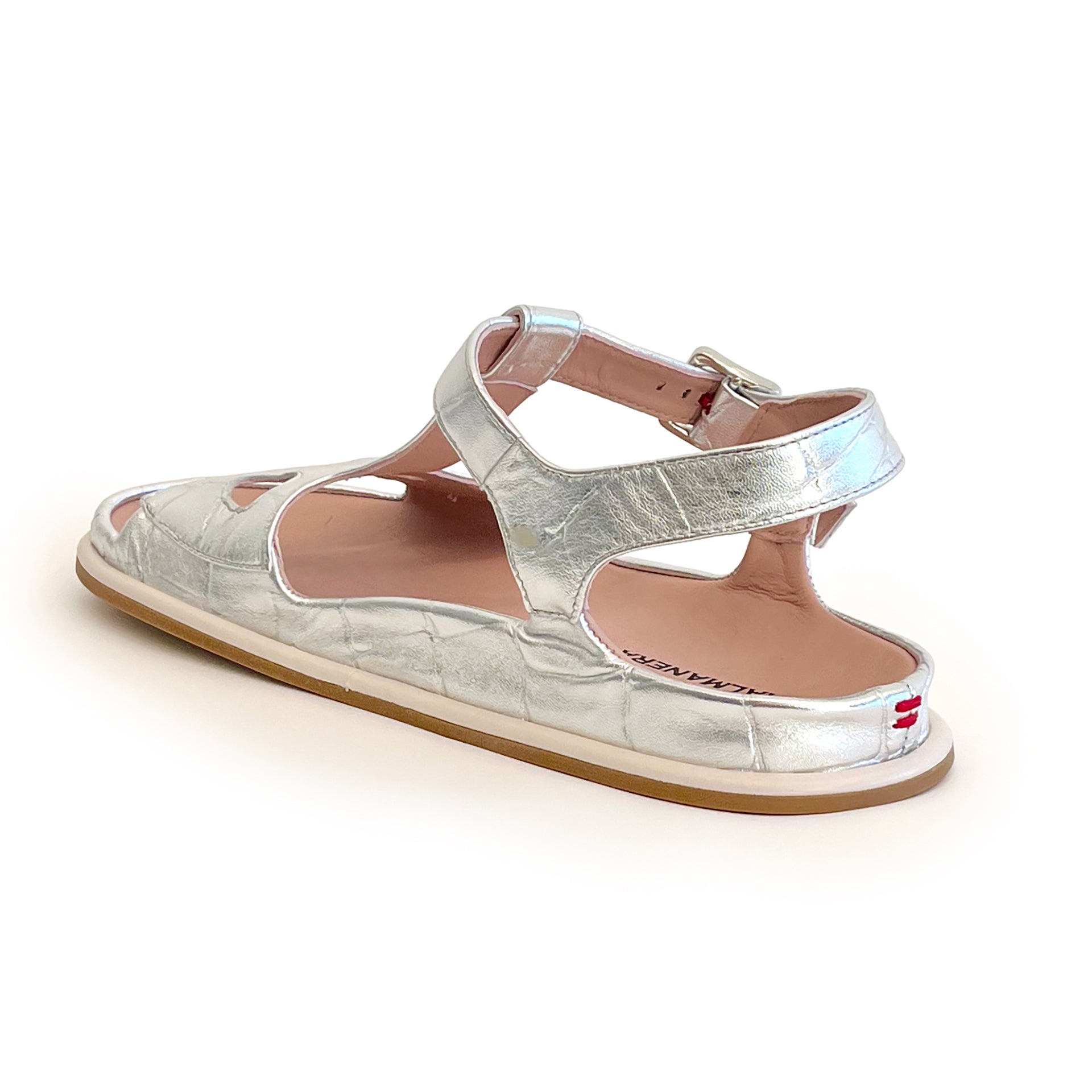 Silver croco ankle strap flat sandal on a white background