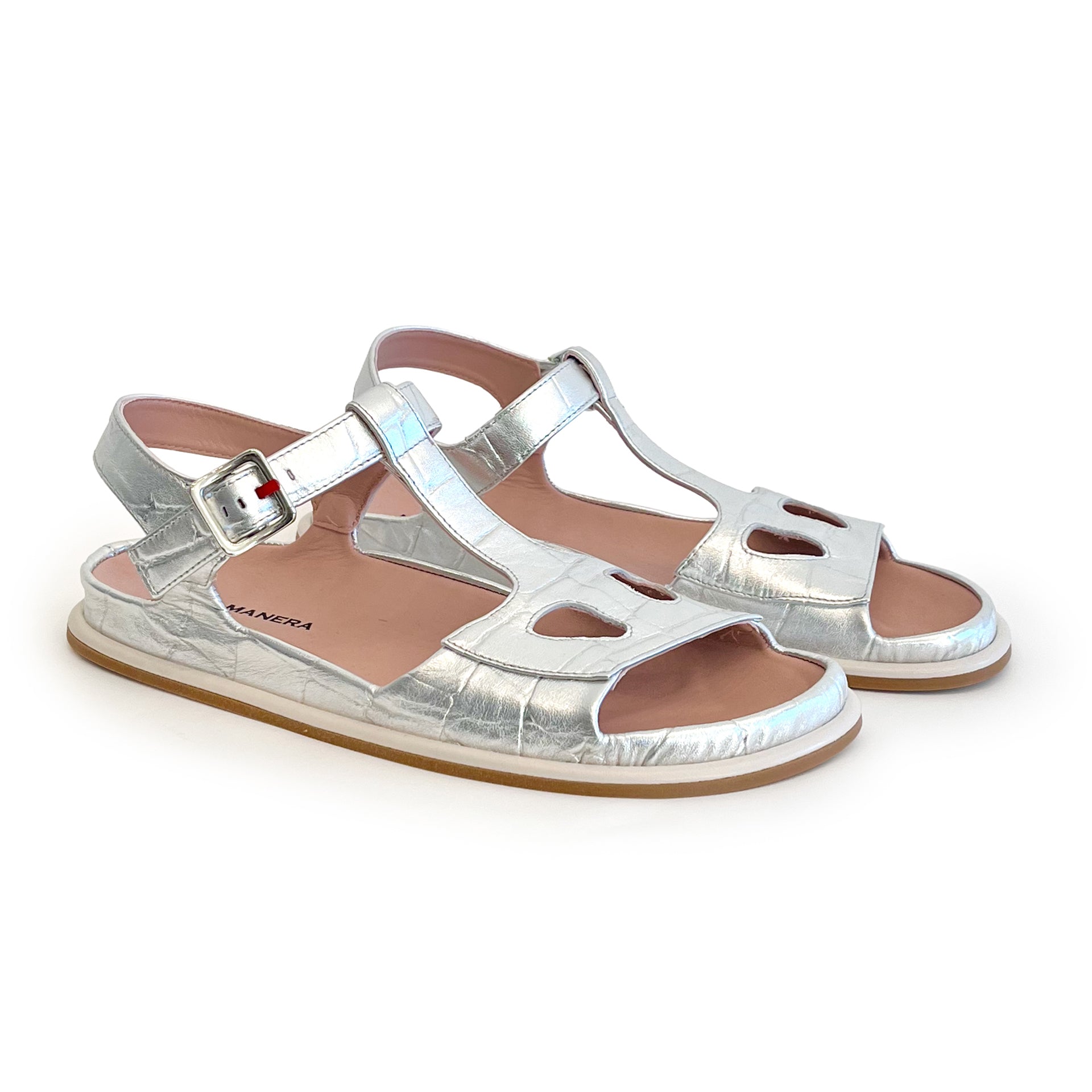 Silver croco ankle strap flat sandal on a white background