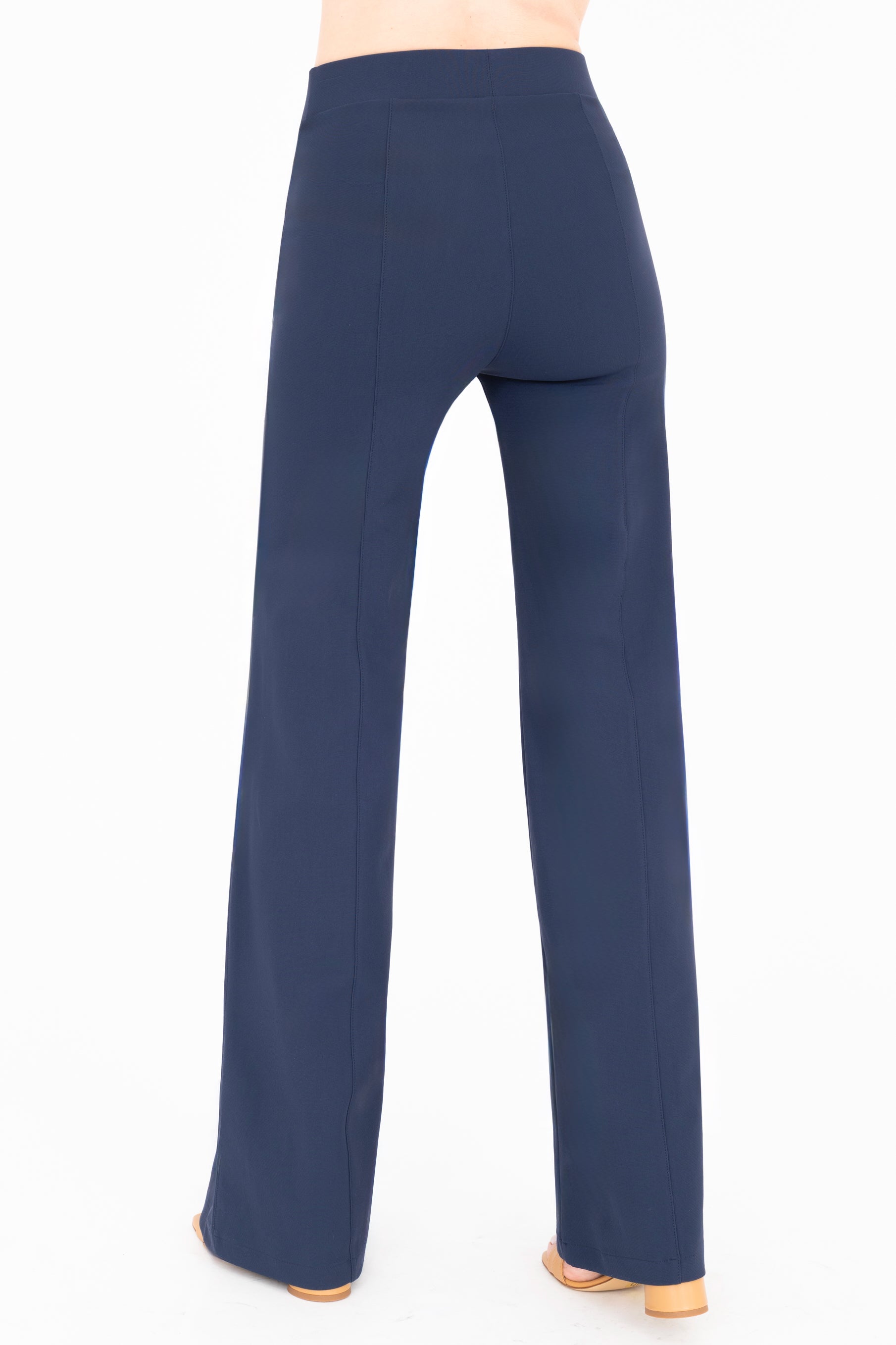 Back view of indigo blue wide-leg pants on a white background