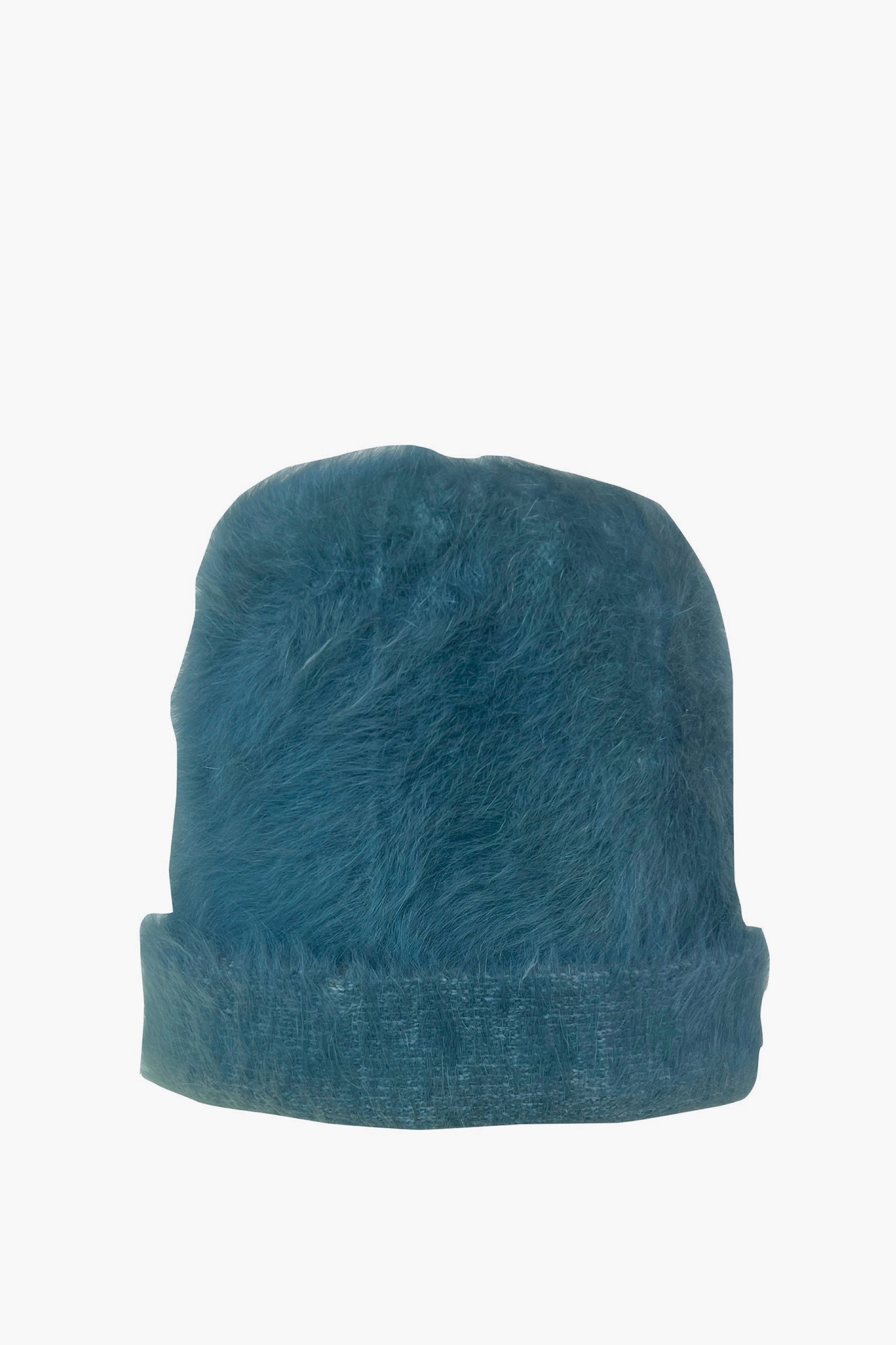 Green felt beanie on a white background