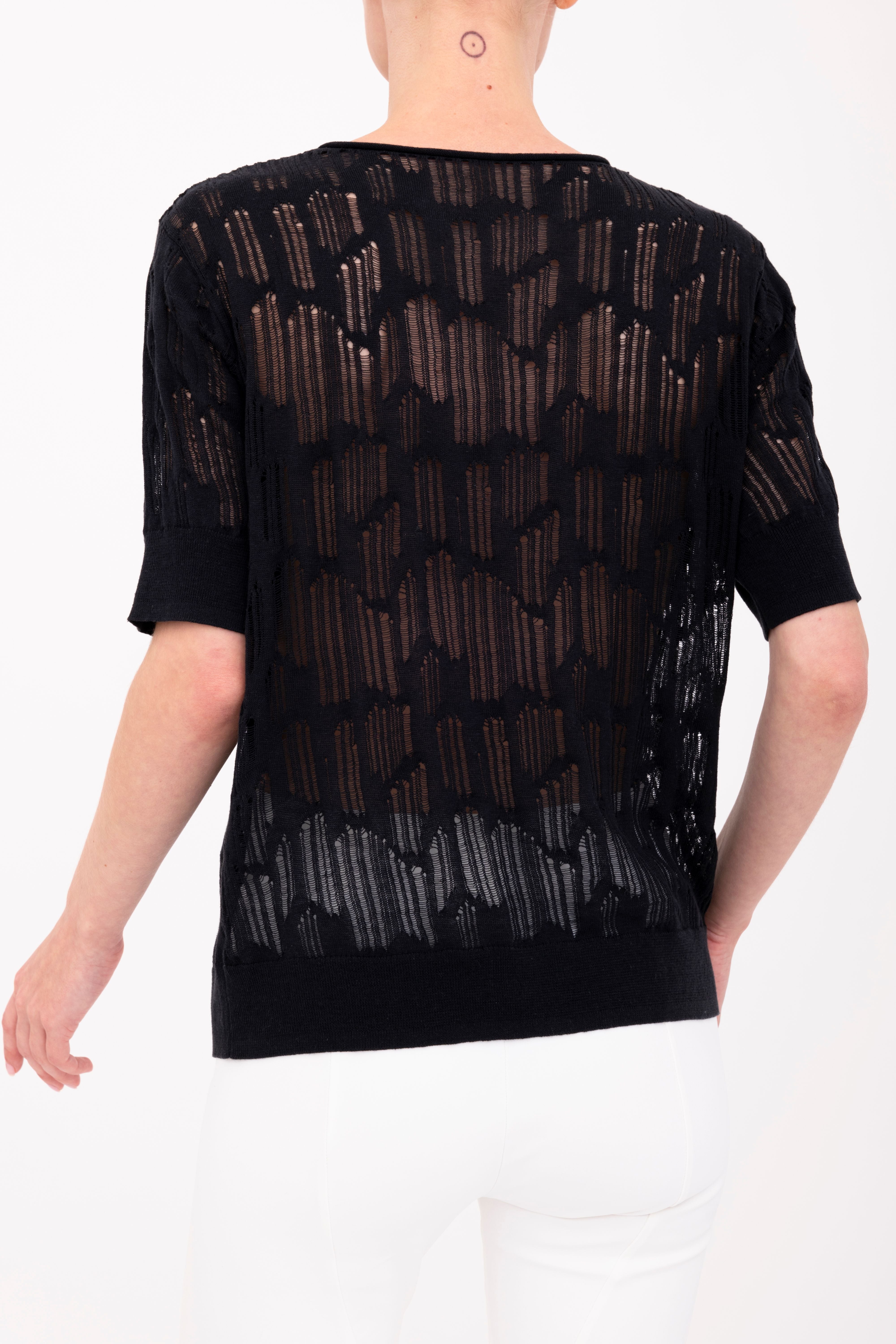 Organic Cotton Hemp Distressed Y Neck Top - BELIZE Sweater YUE FENG