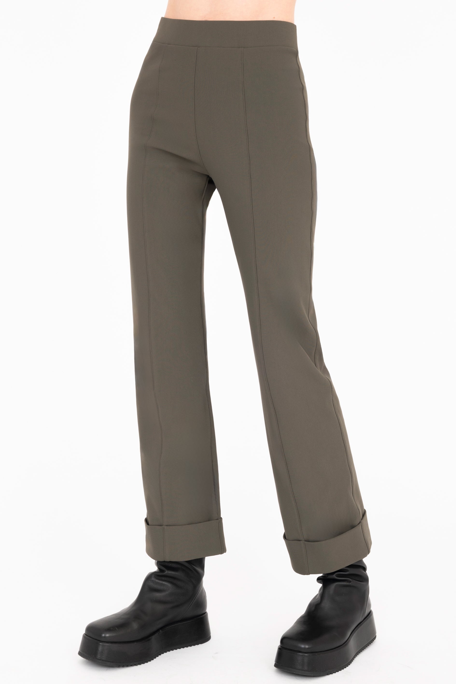 Side view of olive cropped cuff pants on a white background