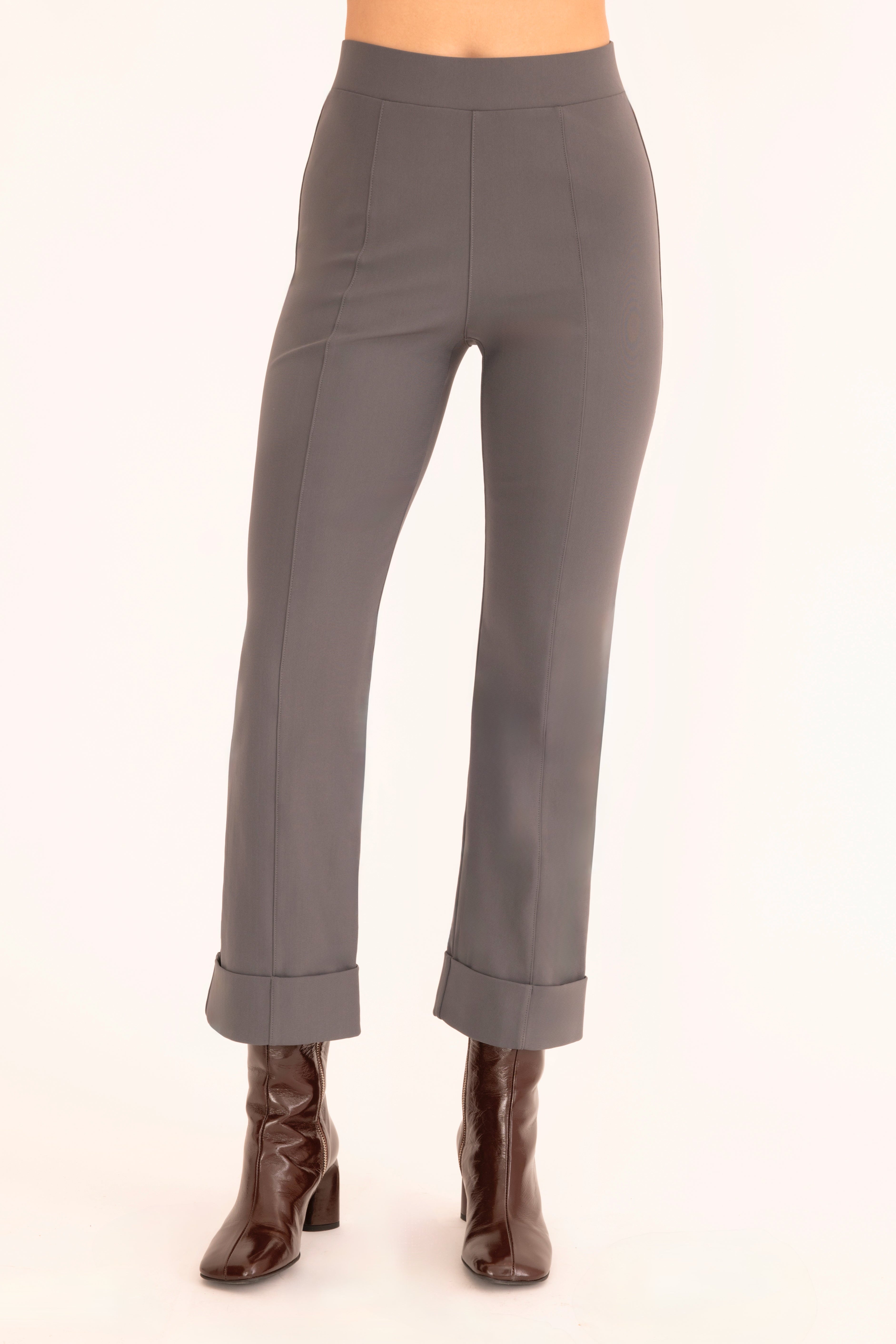 Front view of gray cropped cuff pants on a white background