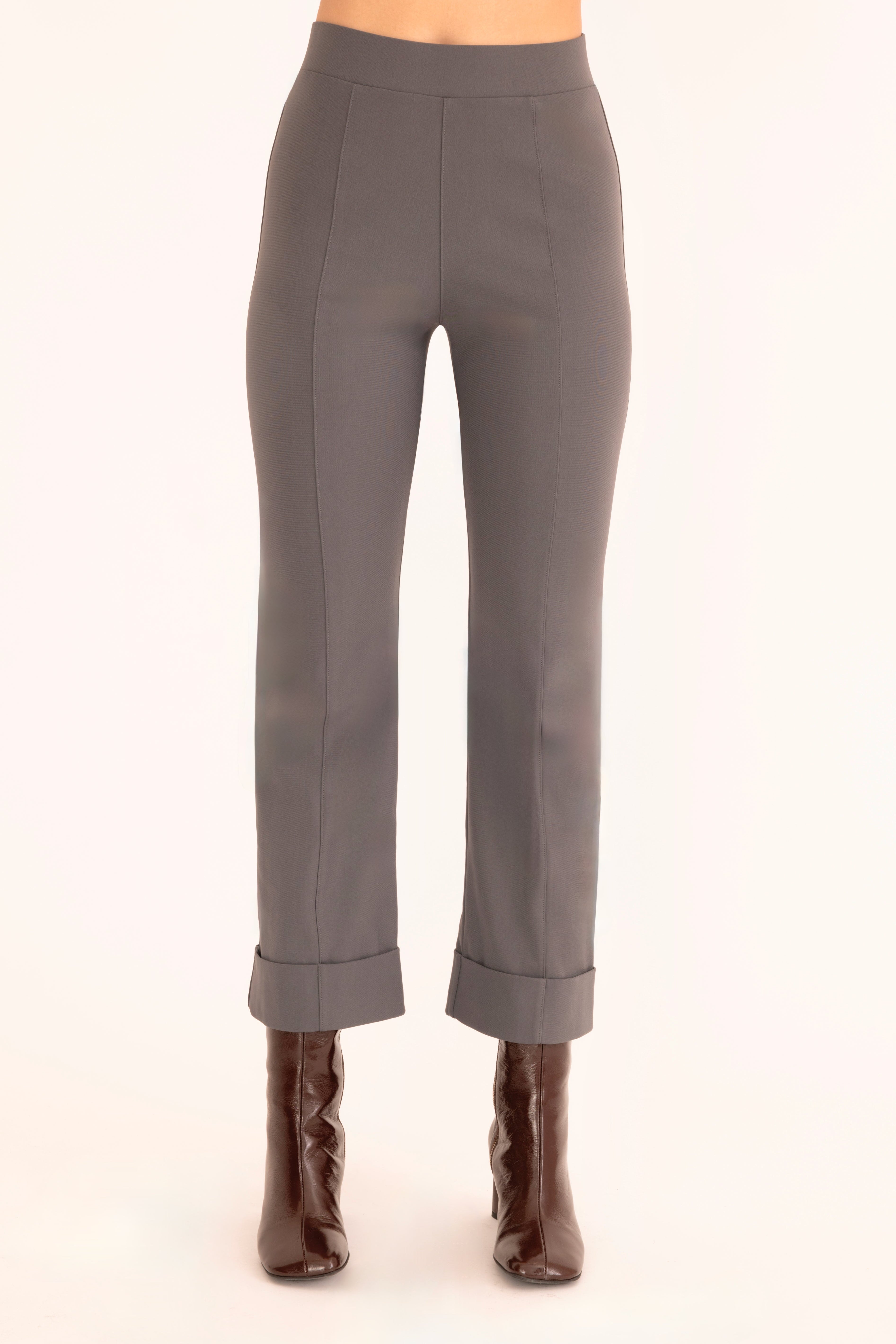 Front view of gray cropped cuff pants on a white background