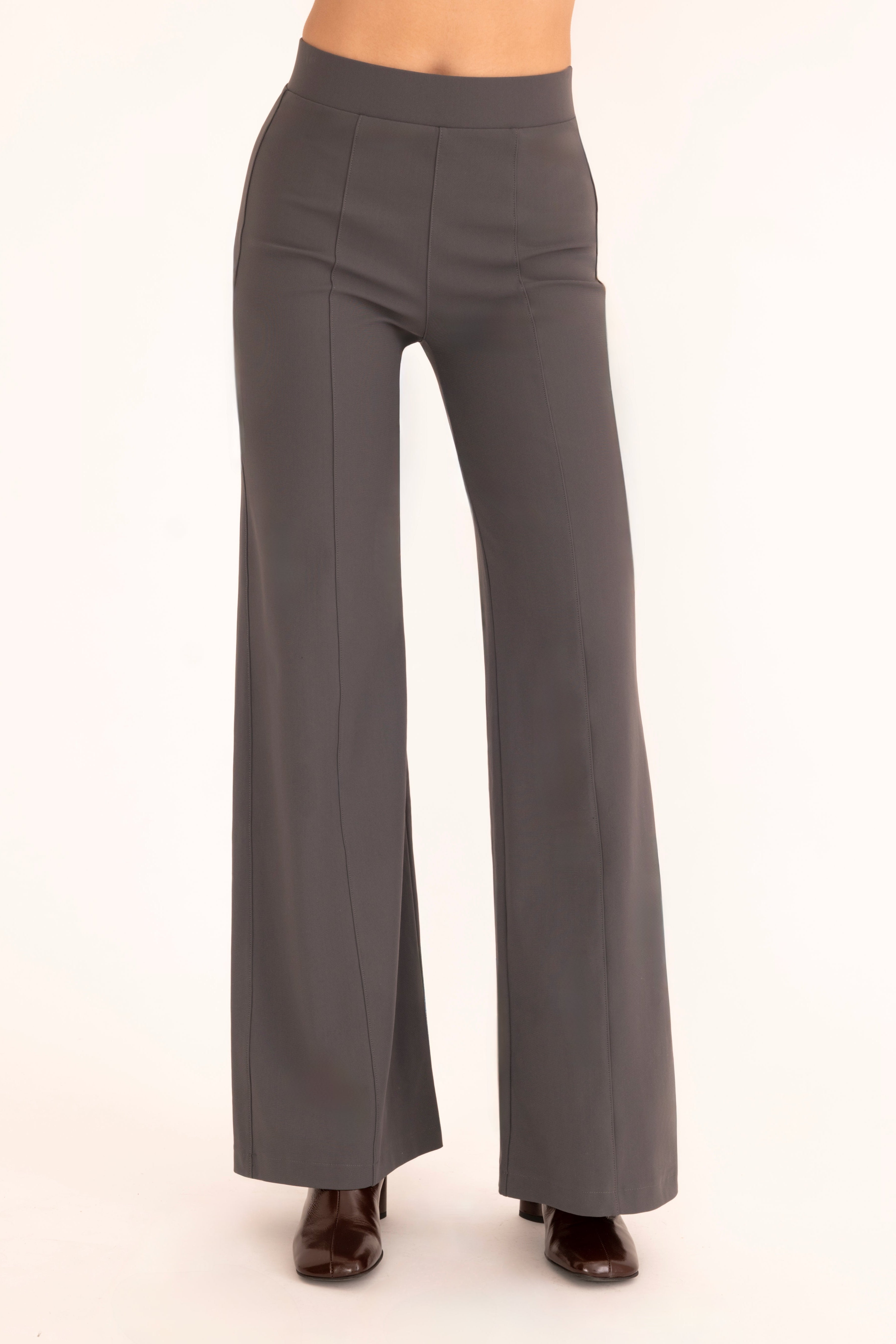 Front view of gray wide-leg pants on a white background