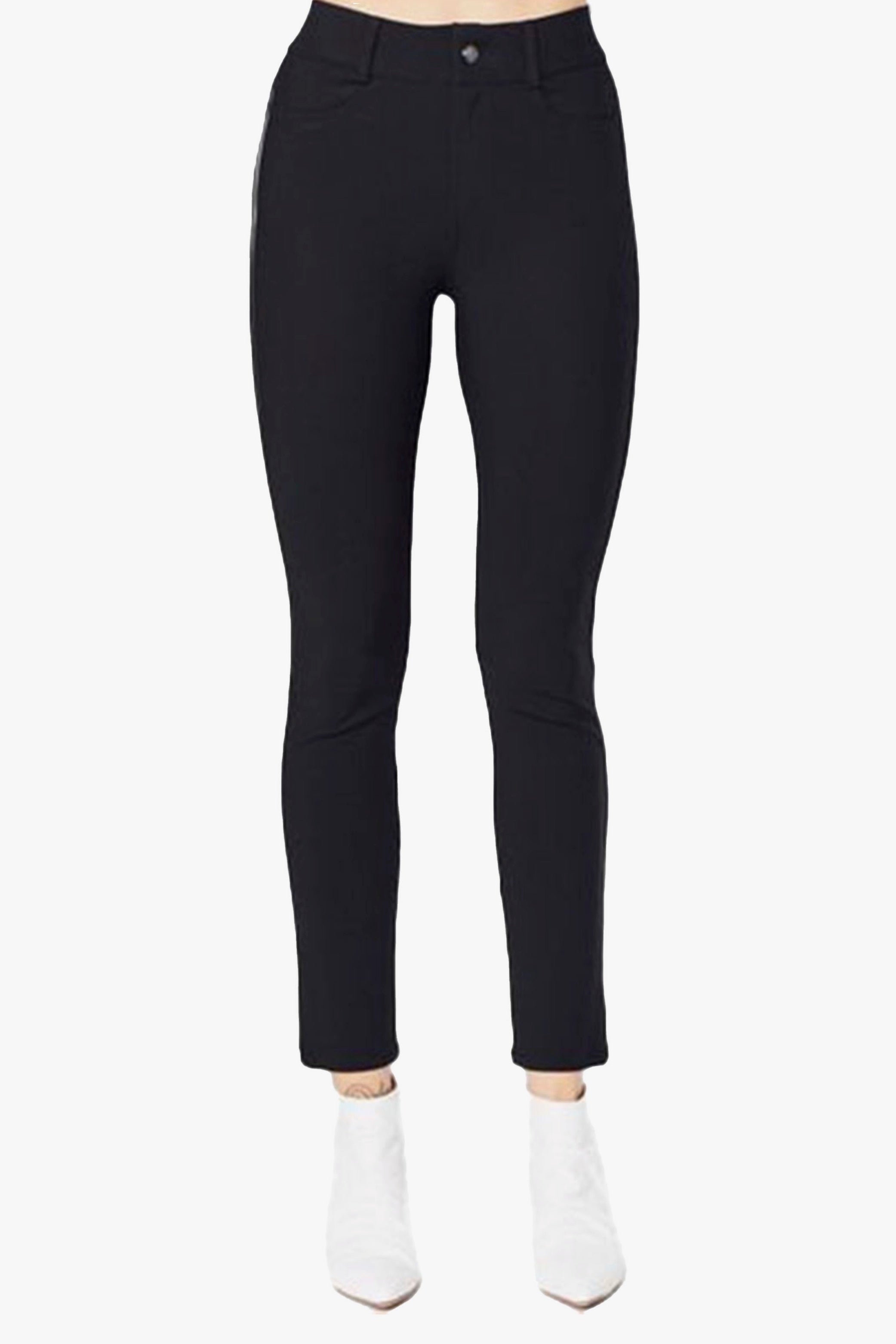 Black pants worn by a person on a white background