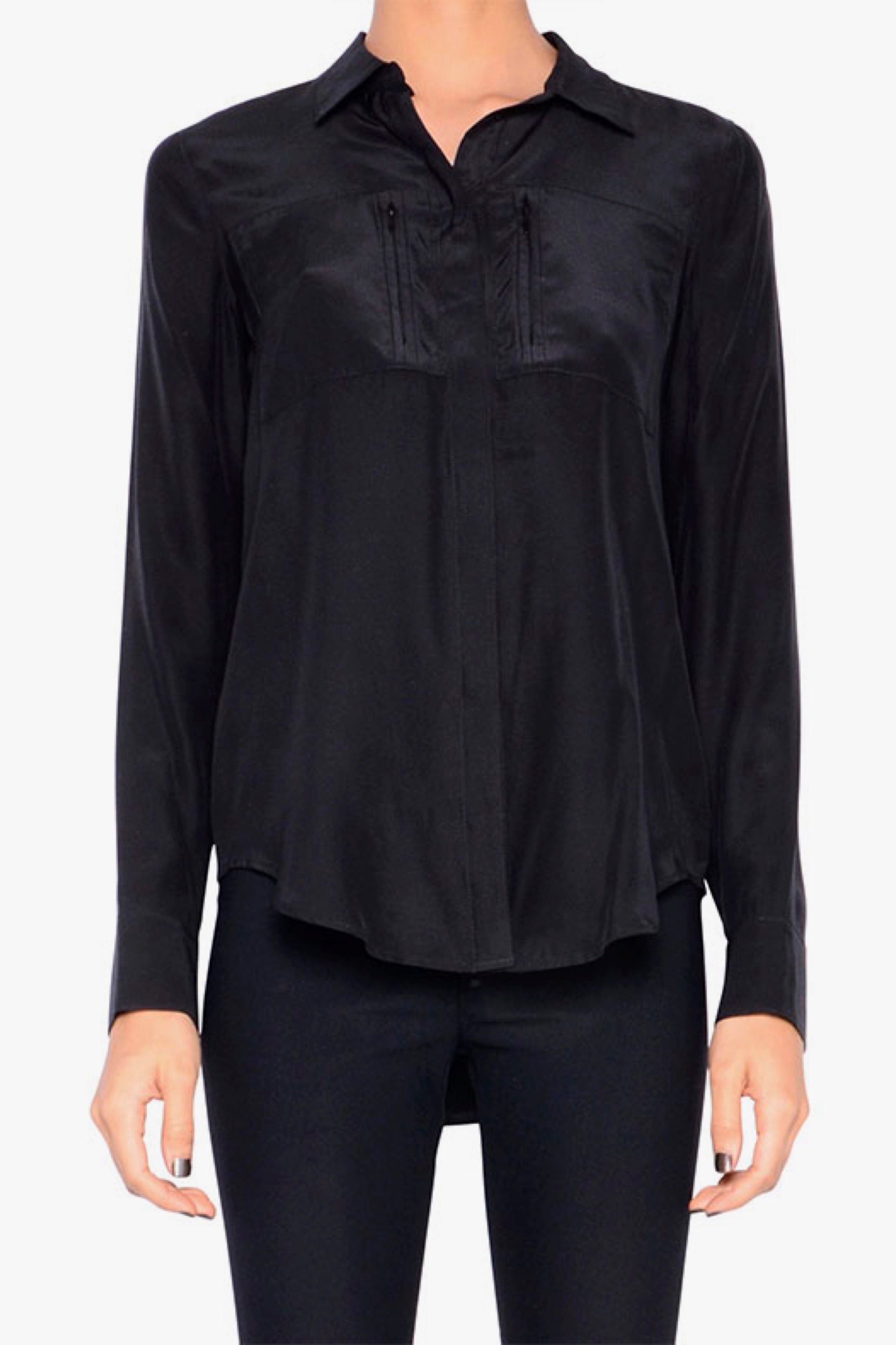 Black button-up shirt worn by a person on a white background