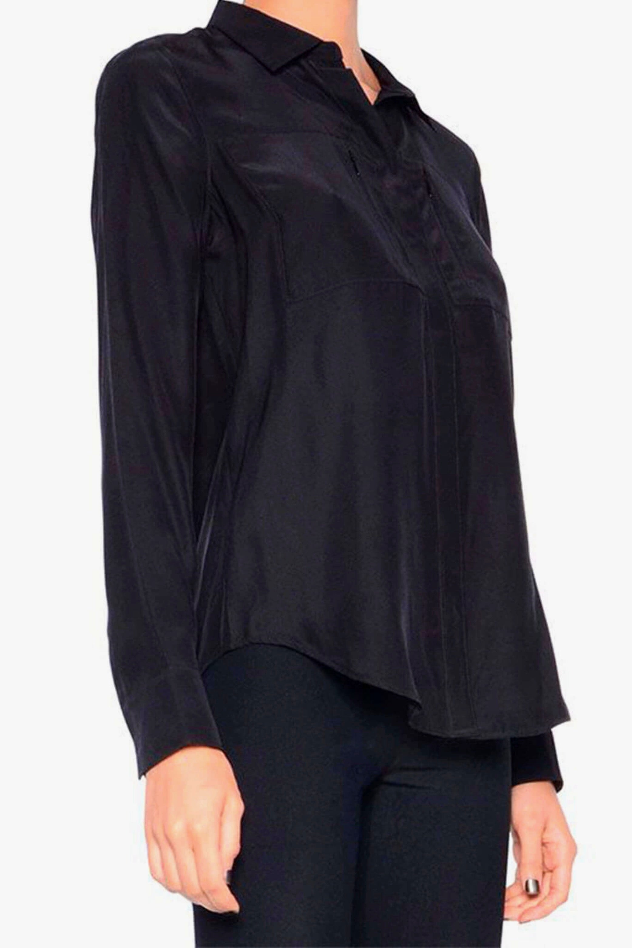 Black button-up shirt worn by a person on a white background
