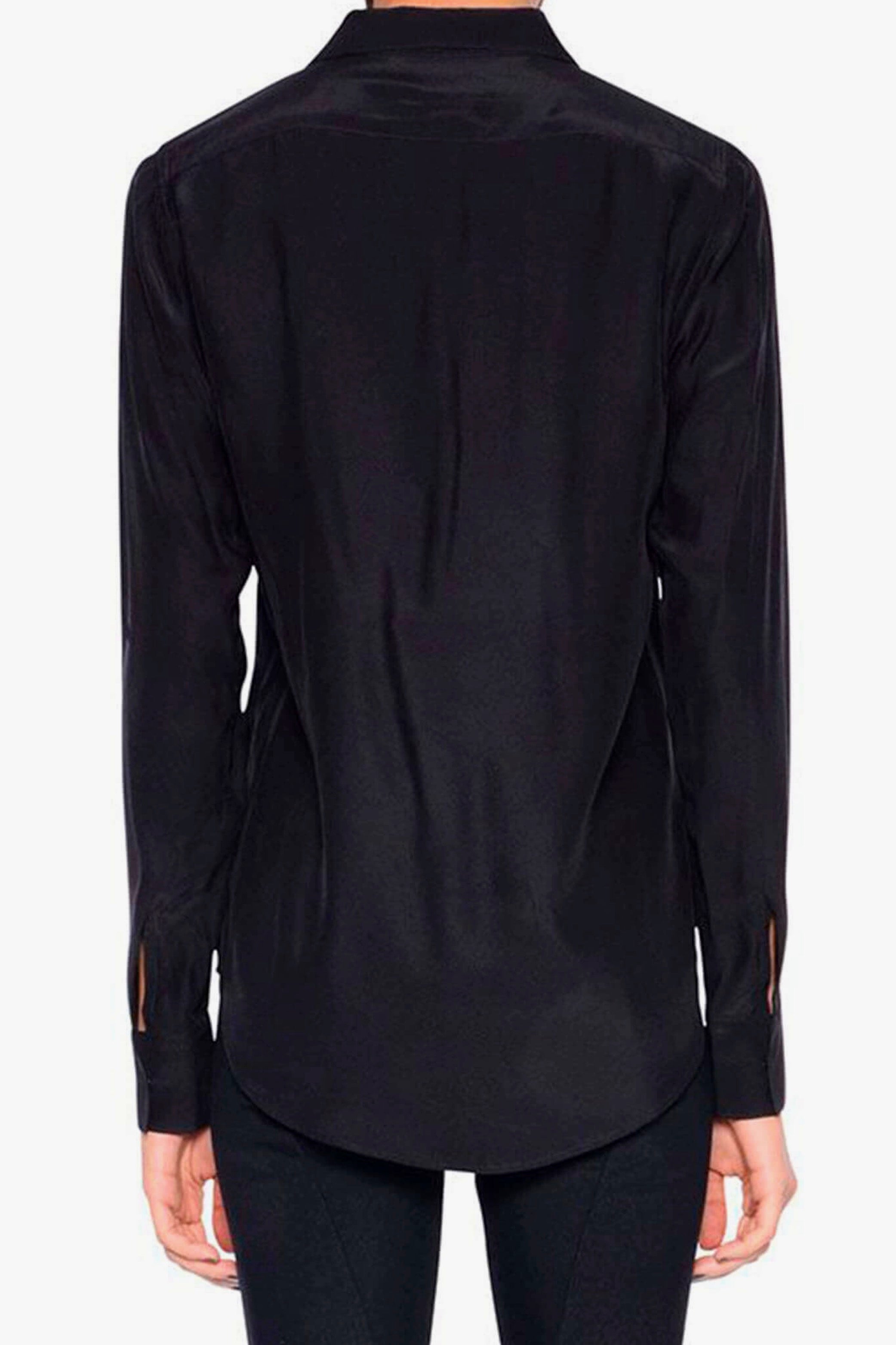 Black button-up shirt worn by a person on a white background