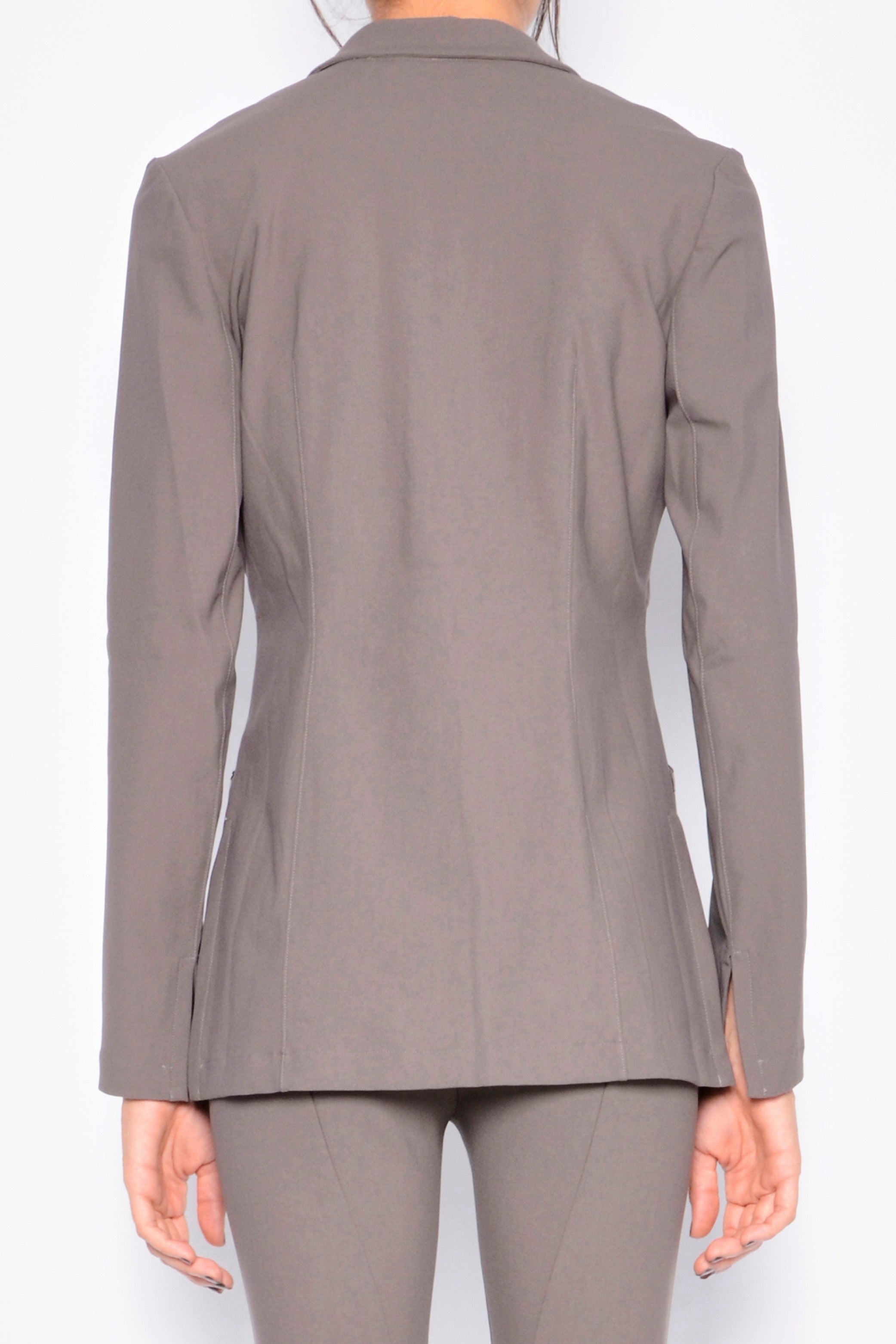 Gray suit jacket and pants on a white background