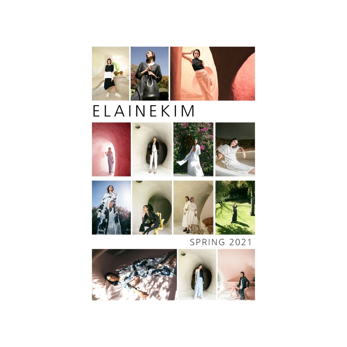 Collage of fashion models wearing outfits from Elaine Kim Spring 2021 collection.