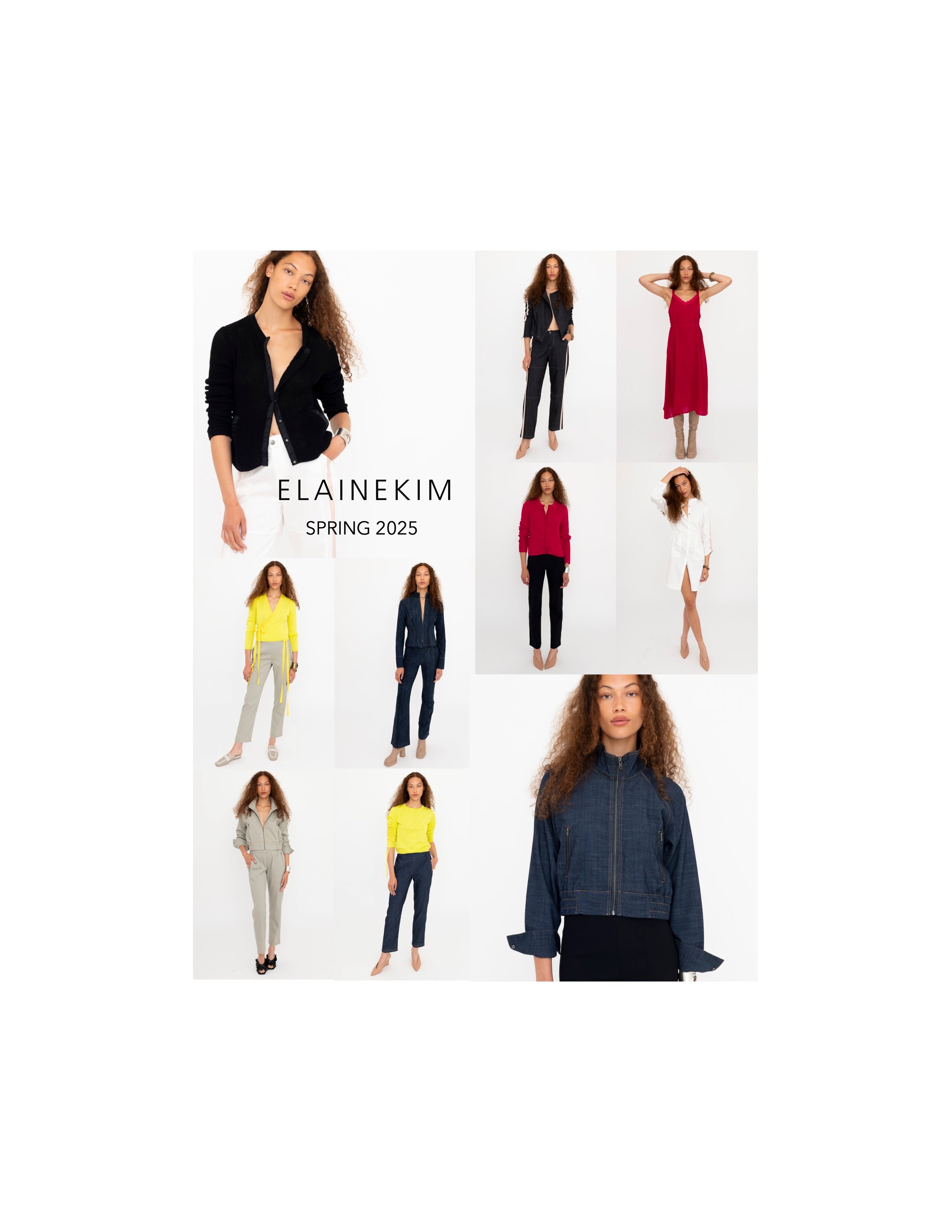 Collage of fashion models wearing outfits from Elaine Kim Spring 2025 collection.