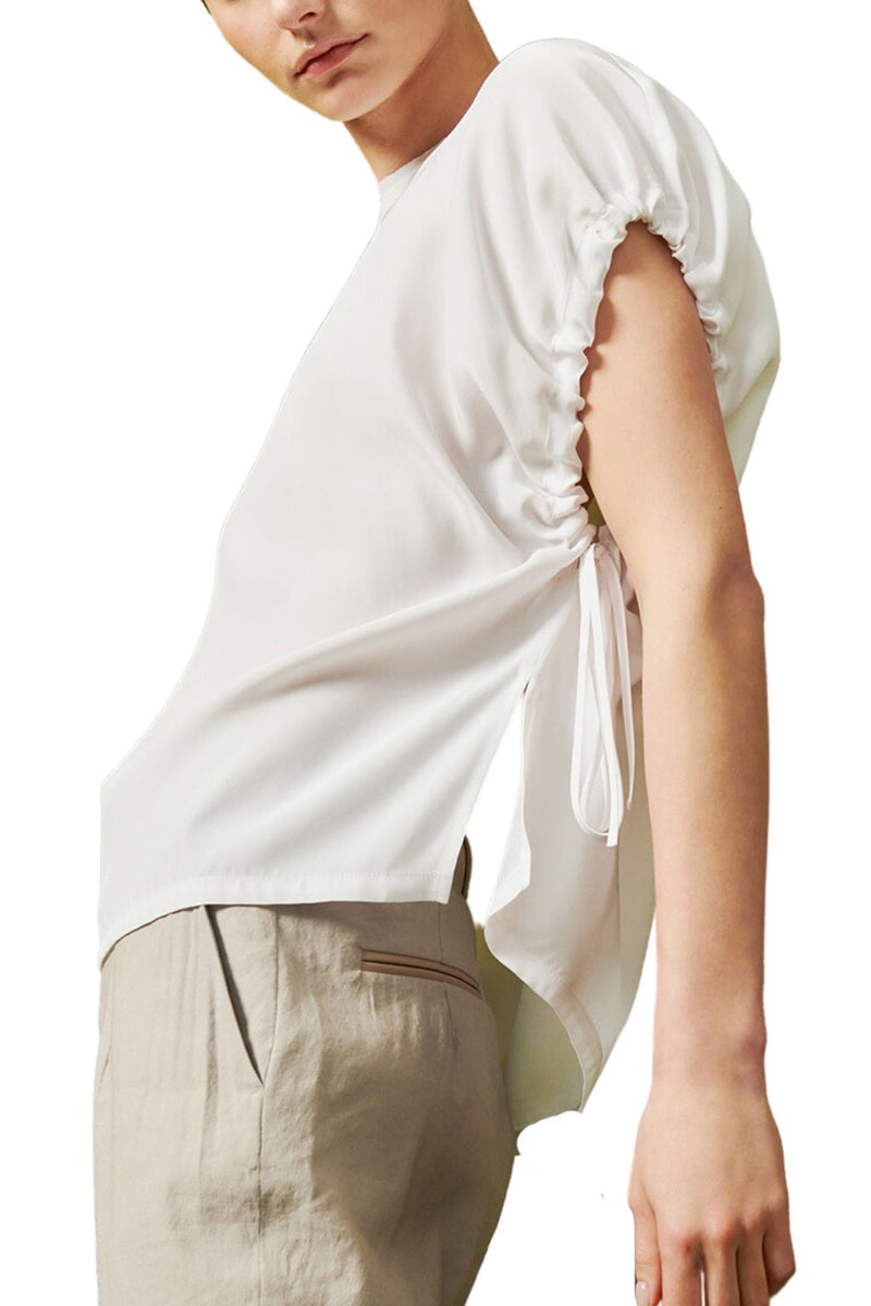 Silk Tee with Drawstrings Sleeve - UPTON SP3 Top General Orient White P 