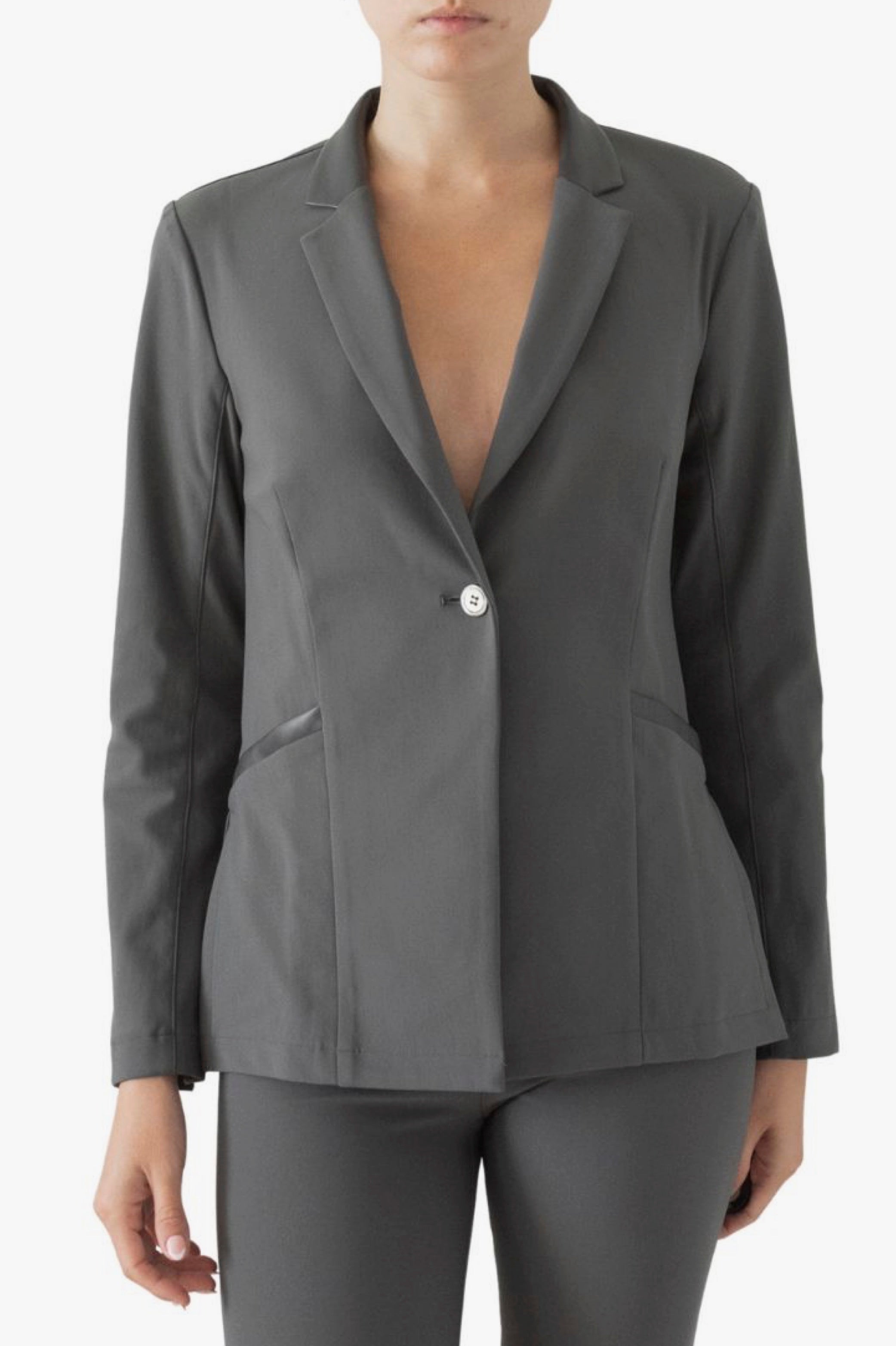 Tech Stretch Button Blazer with Leather Trim