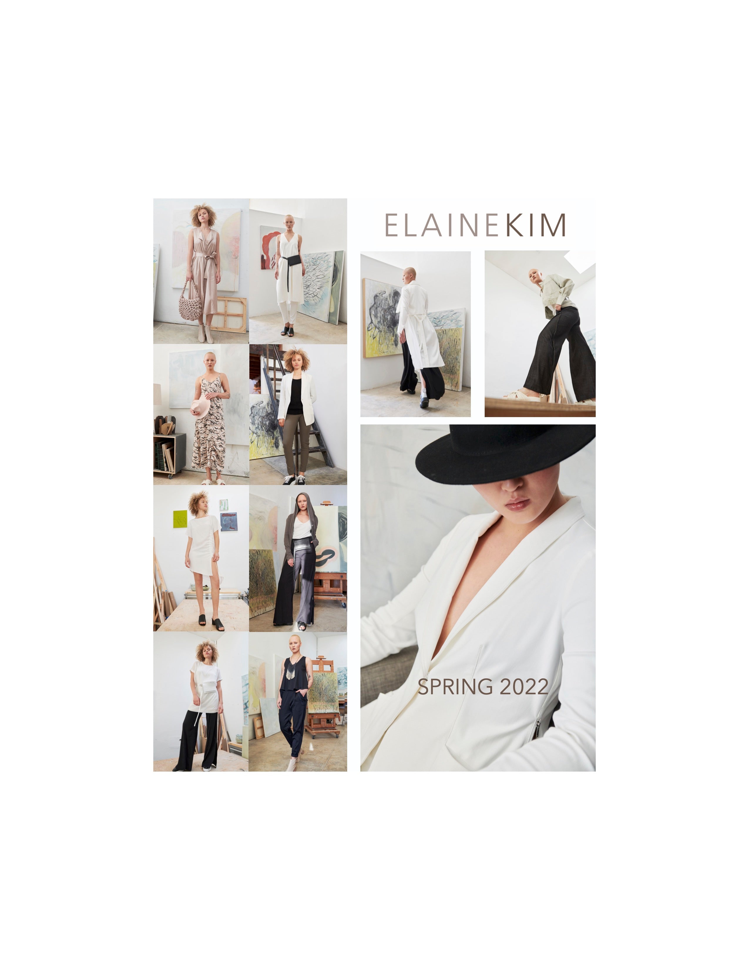 Collage of fashion models wearing outfits from Elaine Kim Spring 2022 collection.