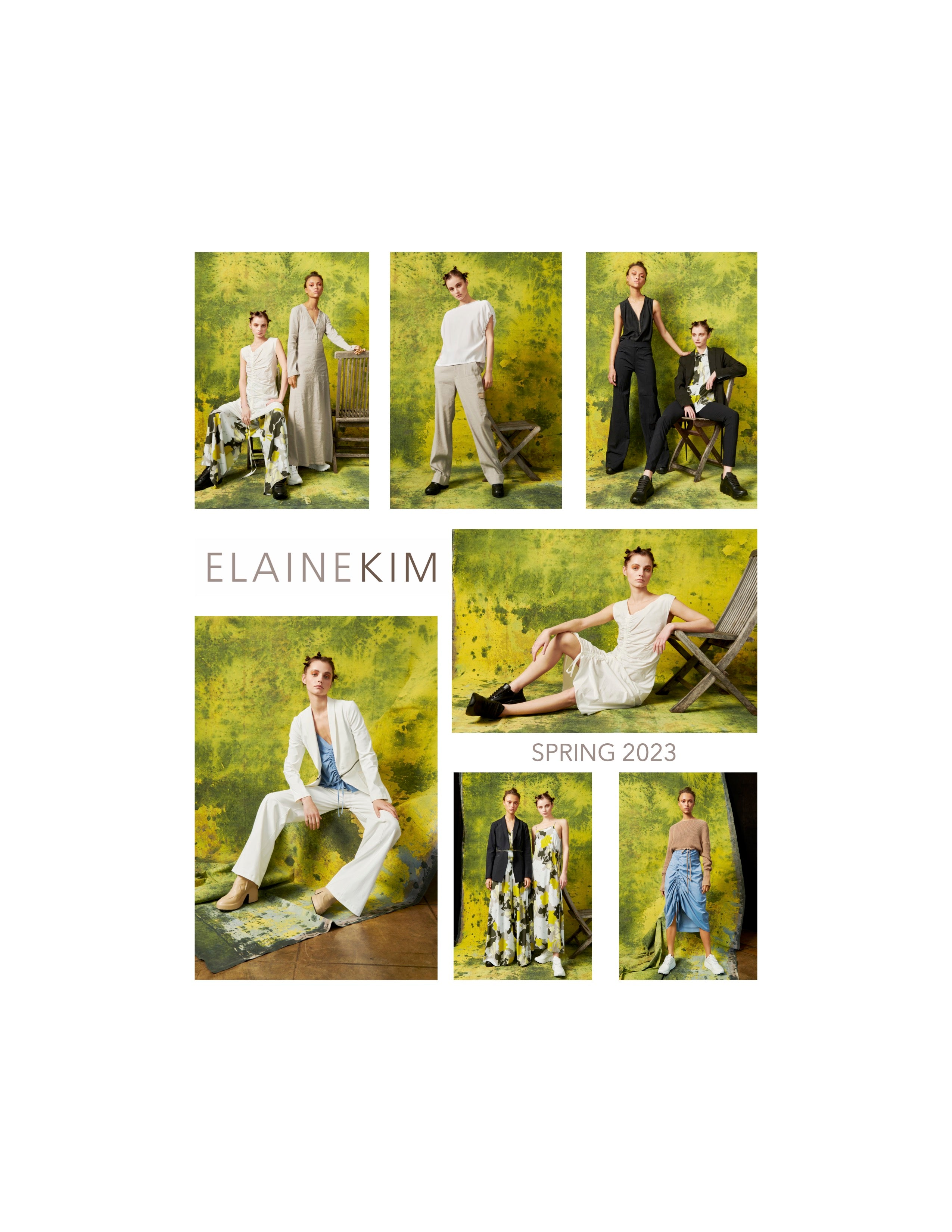 Collage of fashion models wearing outfits from Elaine Kim Spring 2023 collection.