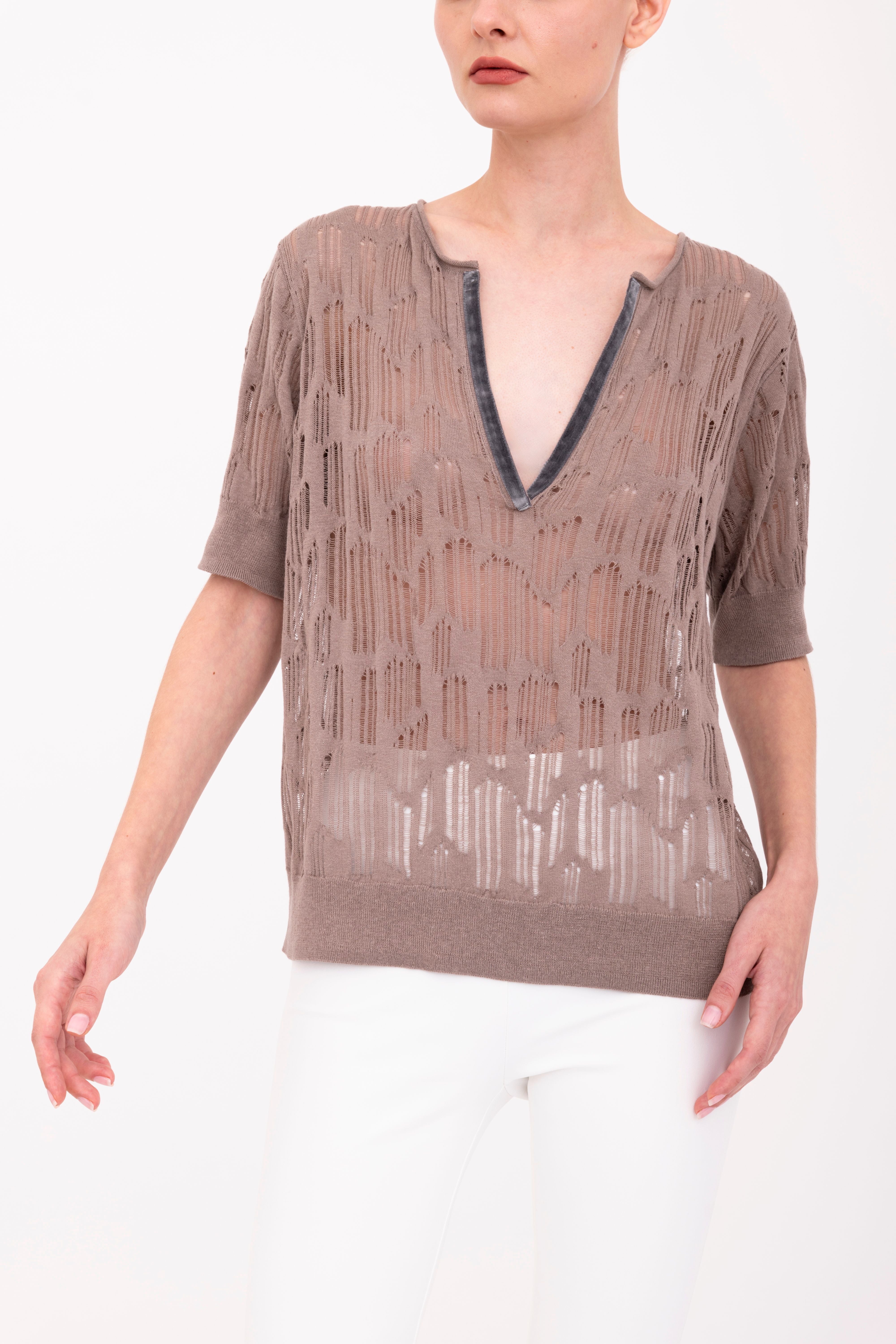 Organic Cotton Hemp Distressed Y Neck Top - BELIZE Sweater YUE FENG Mauve Knit P