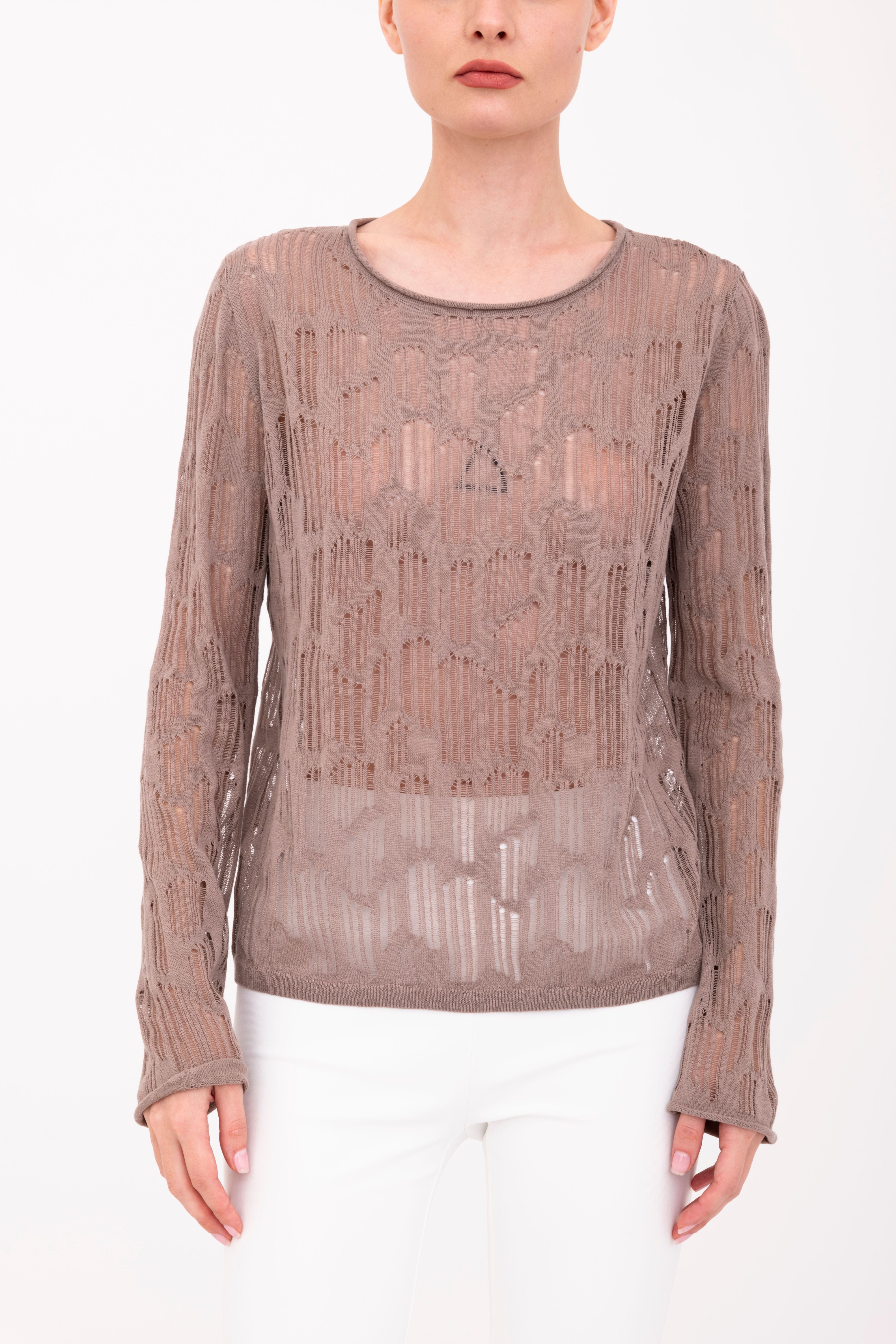 Organic Cotton Hemp Distressed Crew Neck Top - BENI Sweater YUE FENG