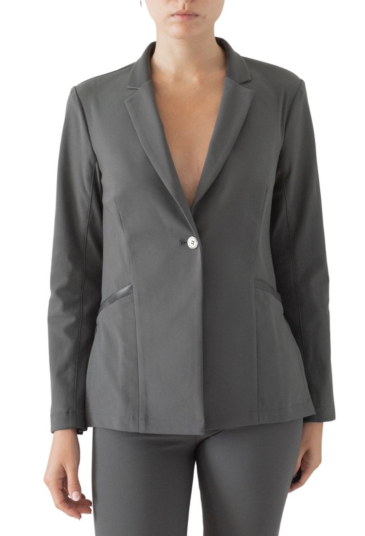 Tech Stretch Button Blazer with Leather Trim - SOREN Jacket Elaine Kim Iron P