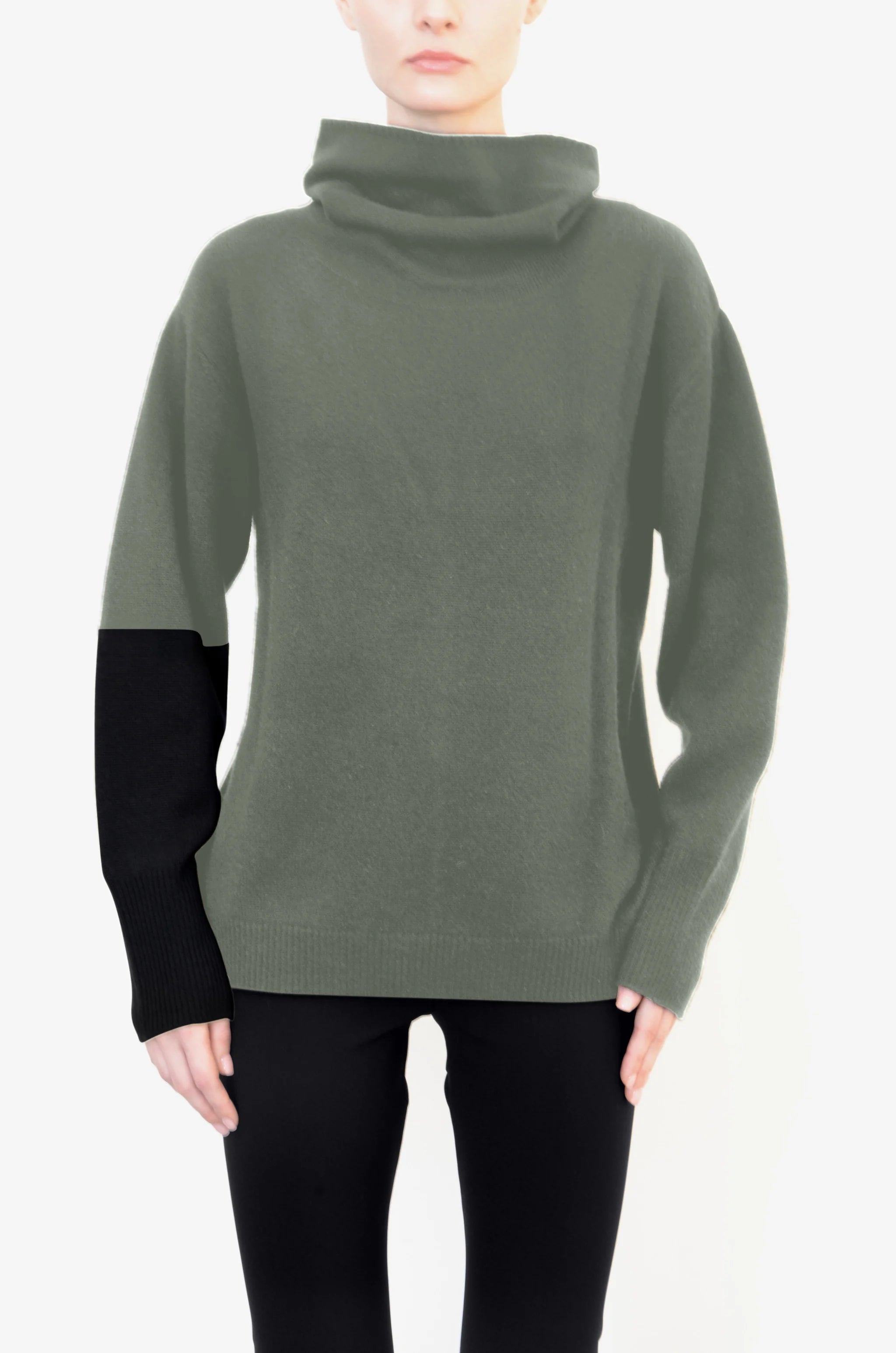 Cashmere Turtle Neck Color block sleeve Sweater - WALDORF Sweater STYLEM Vert P