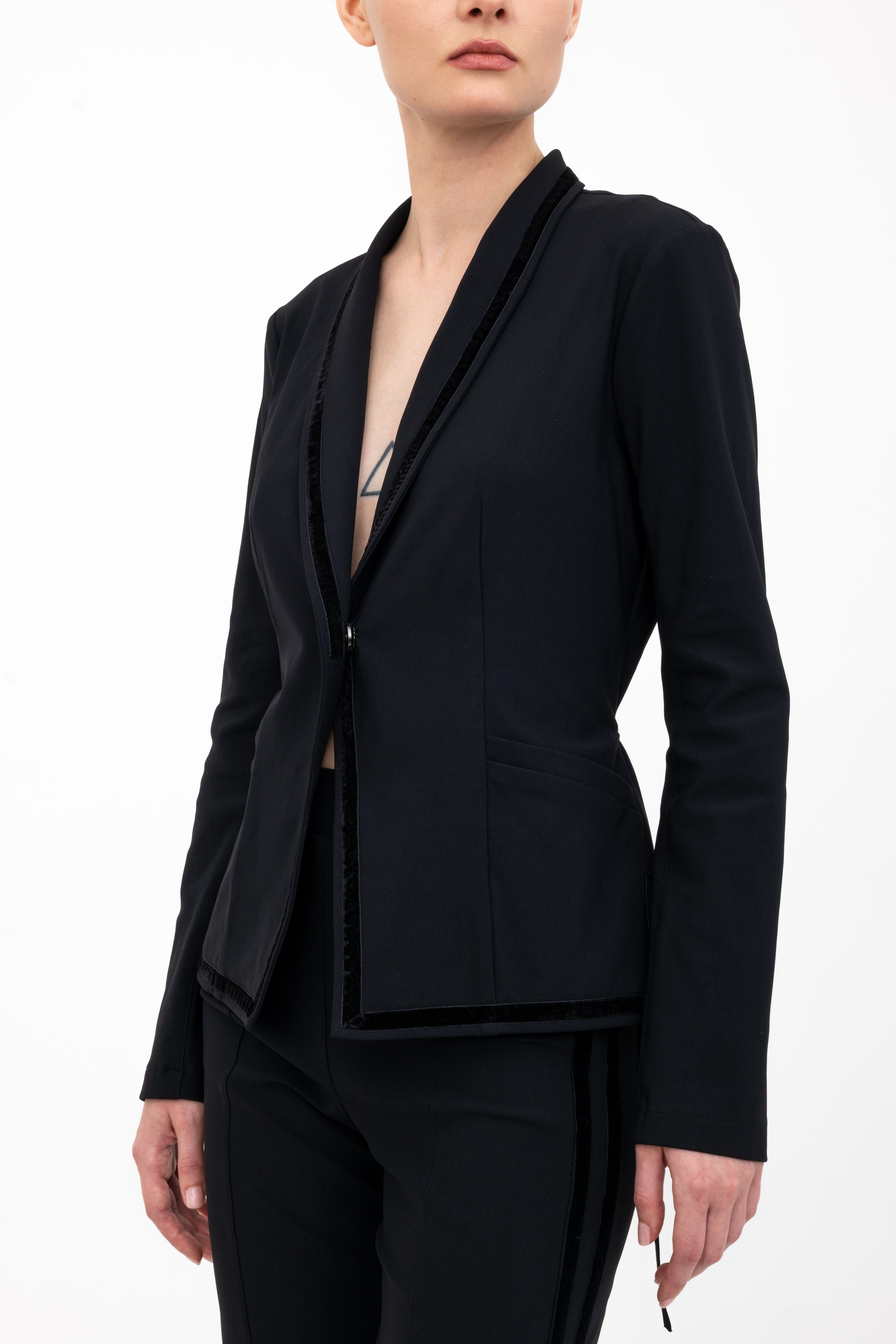 Tech Stretch Shawl Collar Short Blazer with Velvet Stripe - ARLETTE Jacket GENERAL ORIENT