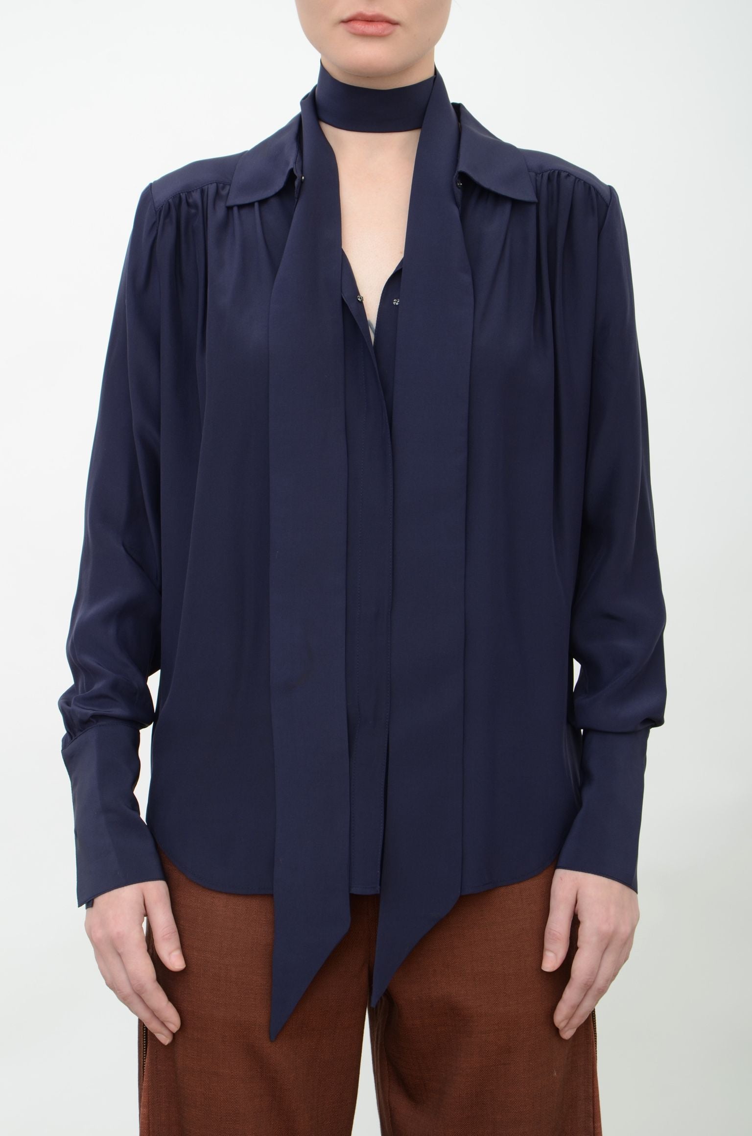 Silk Blouse with Tie - AUBRIETA Top GENERAL ORIENT Aubergine-Silk P