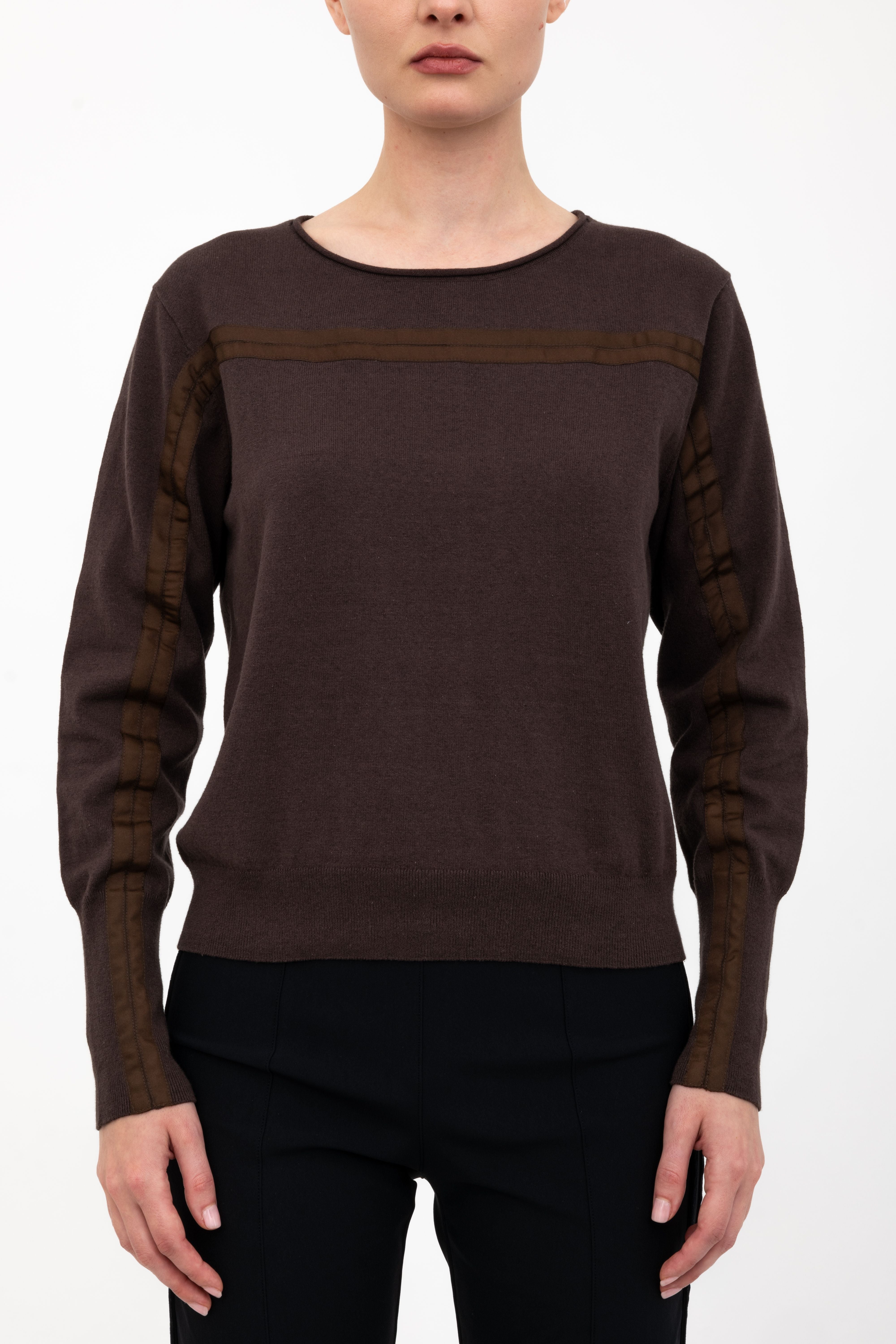 Cotton Crew Neck Knit Top with Grosgrain Trim - AMBRELLE Sweater STYLEM