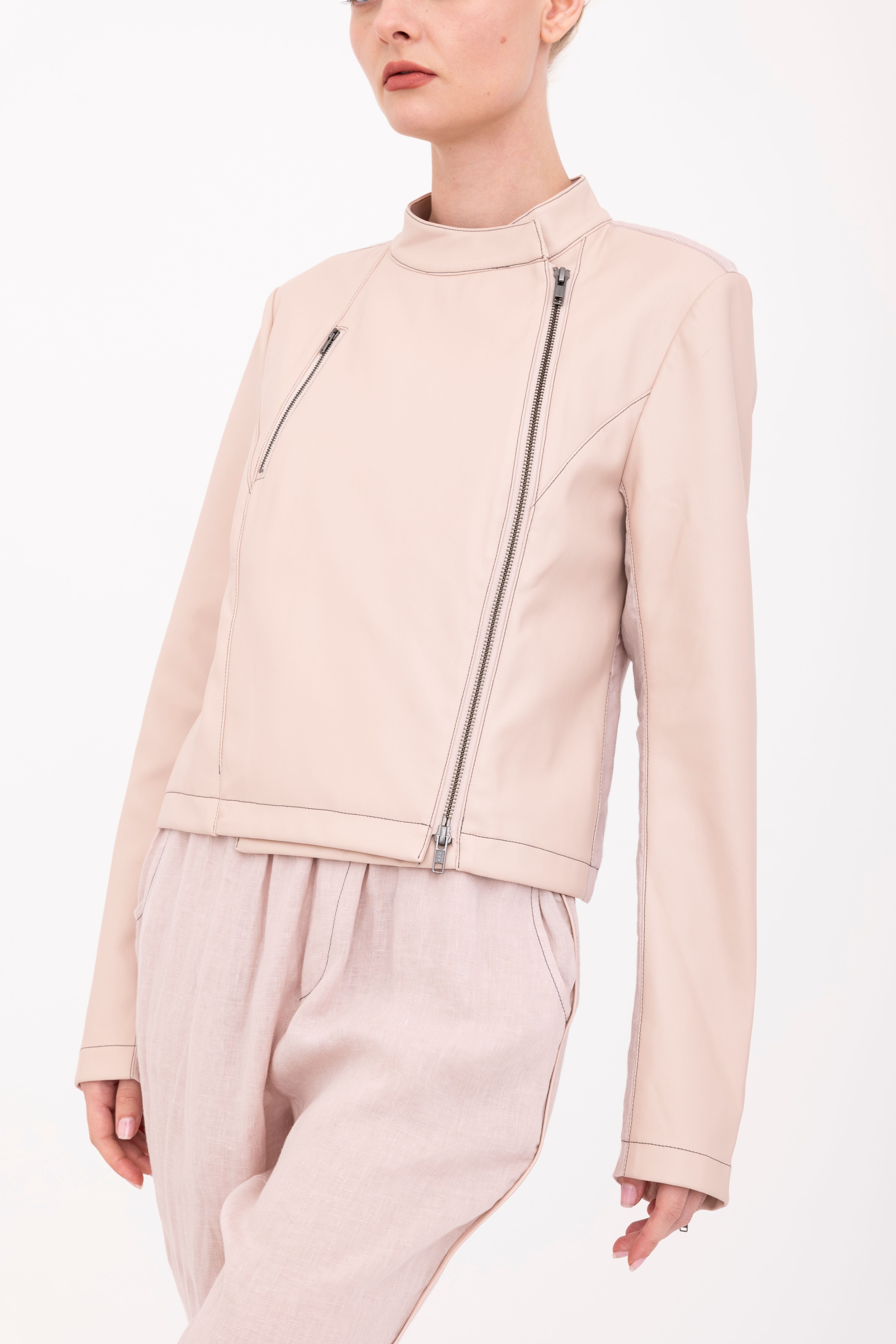 French Linen Moto Jacket with Vegan Leather - BEAUMONT Jacket GENERAL ORIENT Blush P