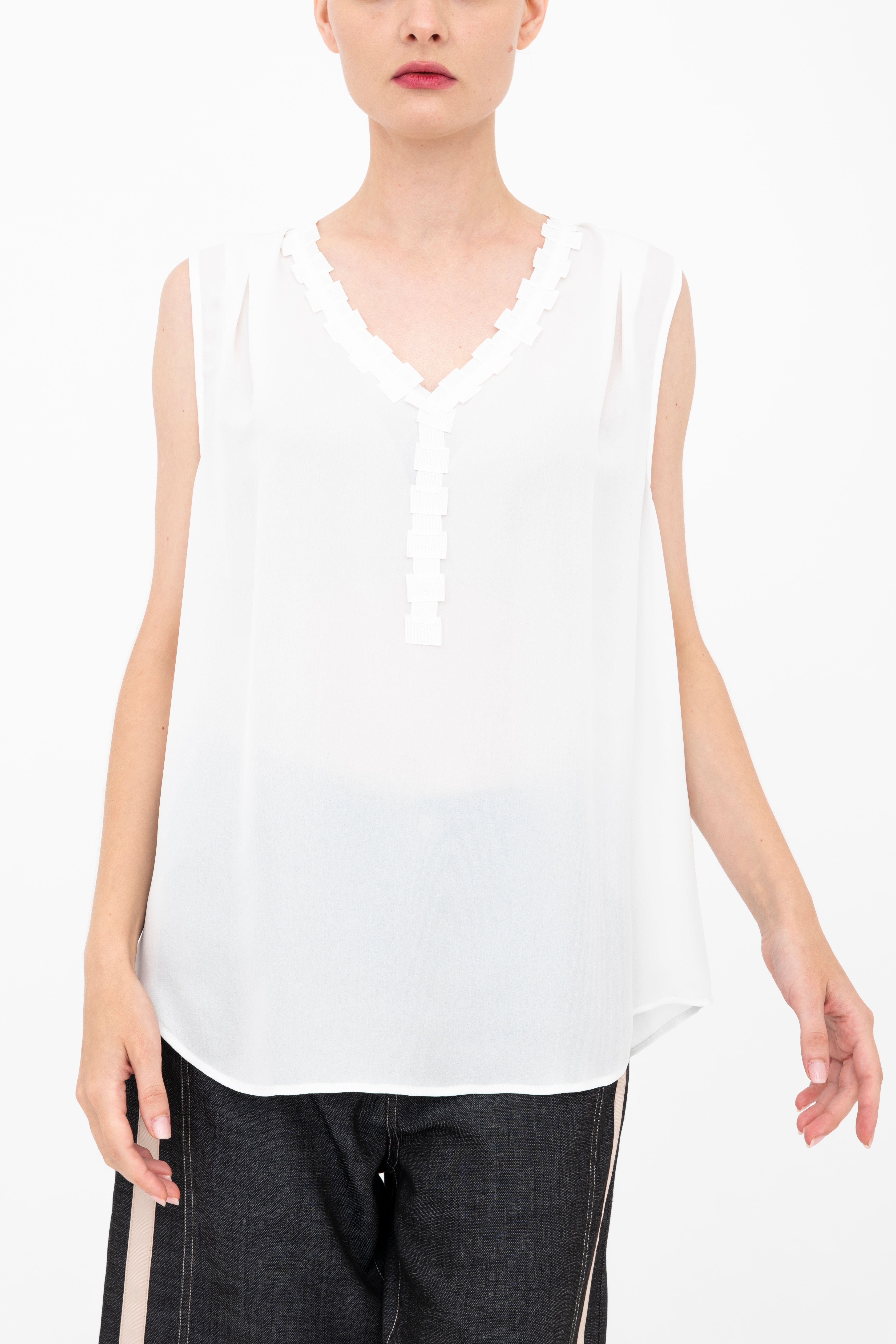 Silk Georgette V Neck Shell Top with Grosgrain Trim - BETTINA Top GENERAL ORIENT White P