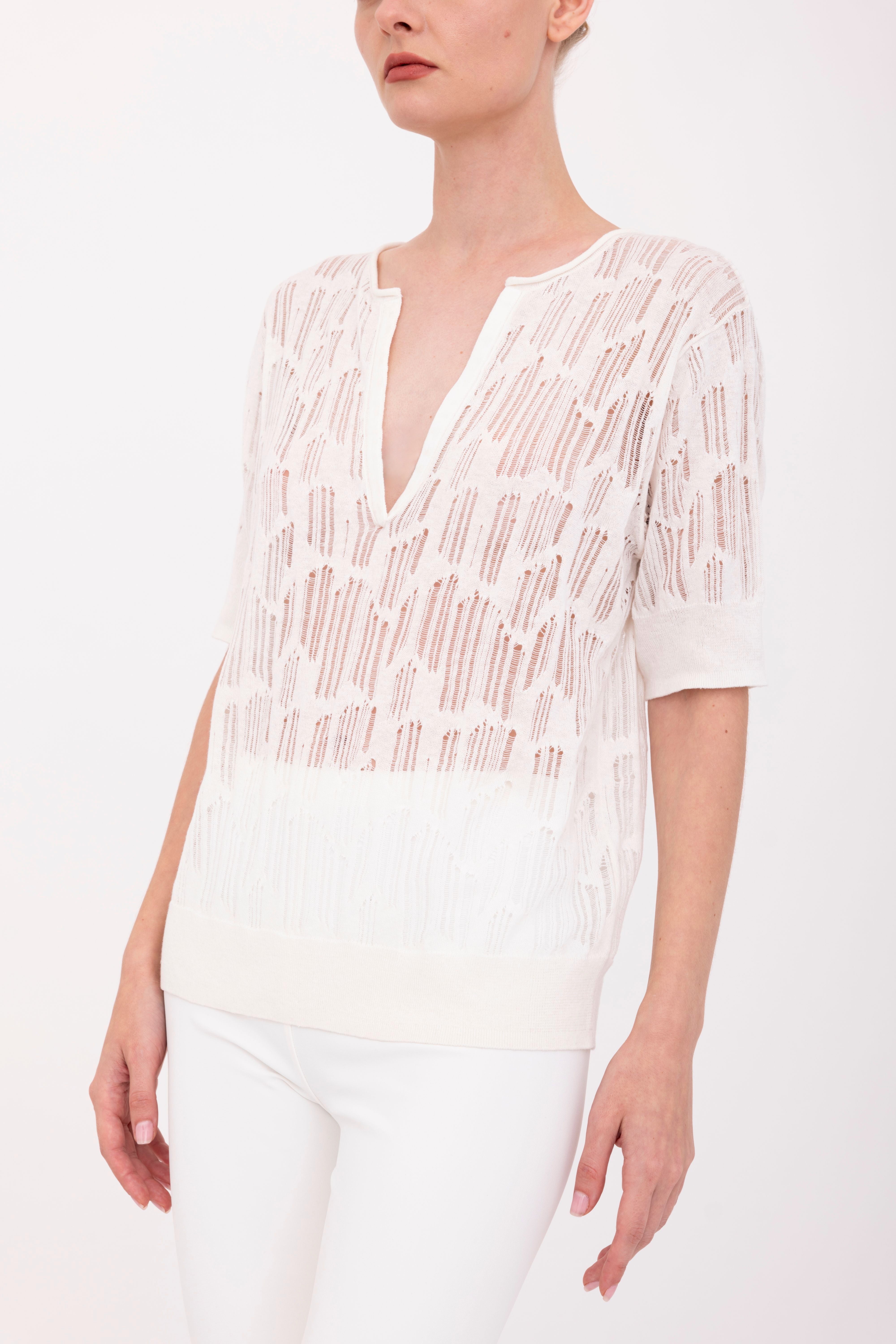 Organic Cotton Hemp Distressed Y Neck Top - BELIZE Sweater YUE FENG