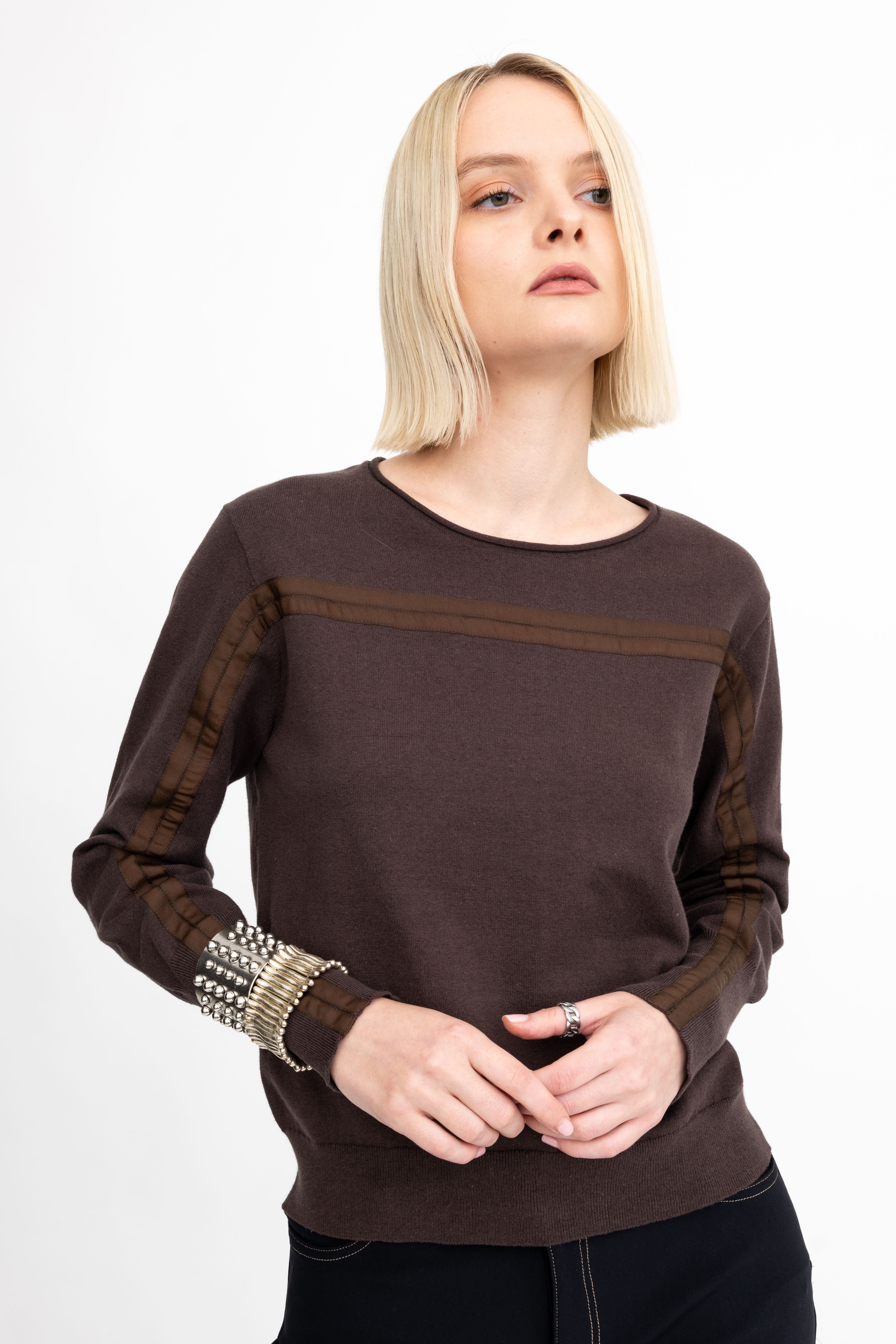 Cotton Crew Neck Knit Top with Grosgrain Trim - AMBRELLE Sweater STYLEM
