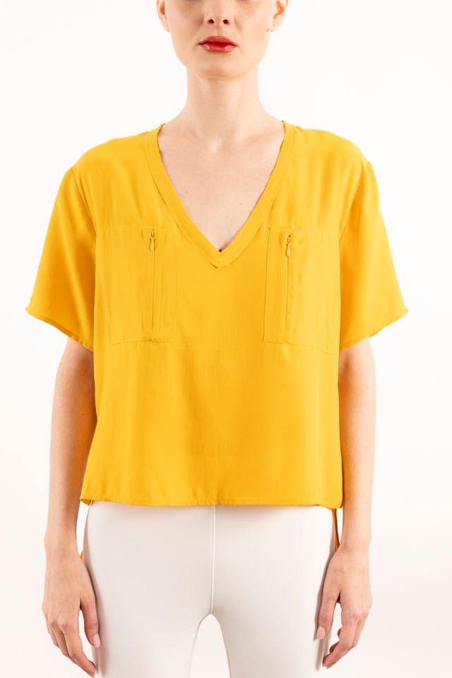Silk V Neck Tee with Pockets - YVETT Top GENERAL ORIENT Freesia P