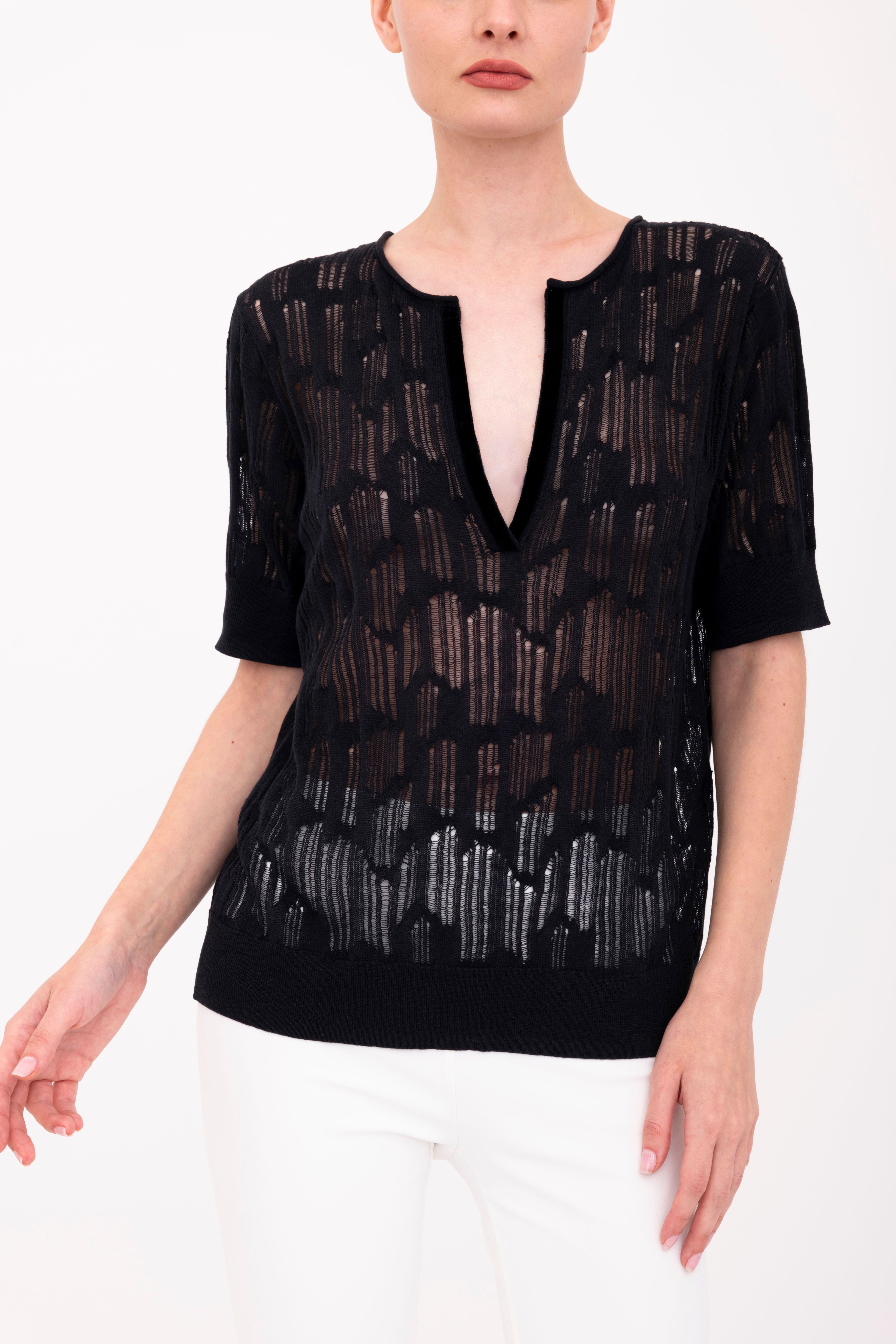 Organic Cotton Hemp Distressed Y Neck Top - BELIZE Sweater YUE FENG Black P