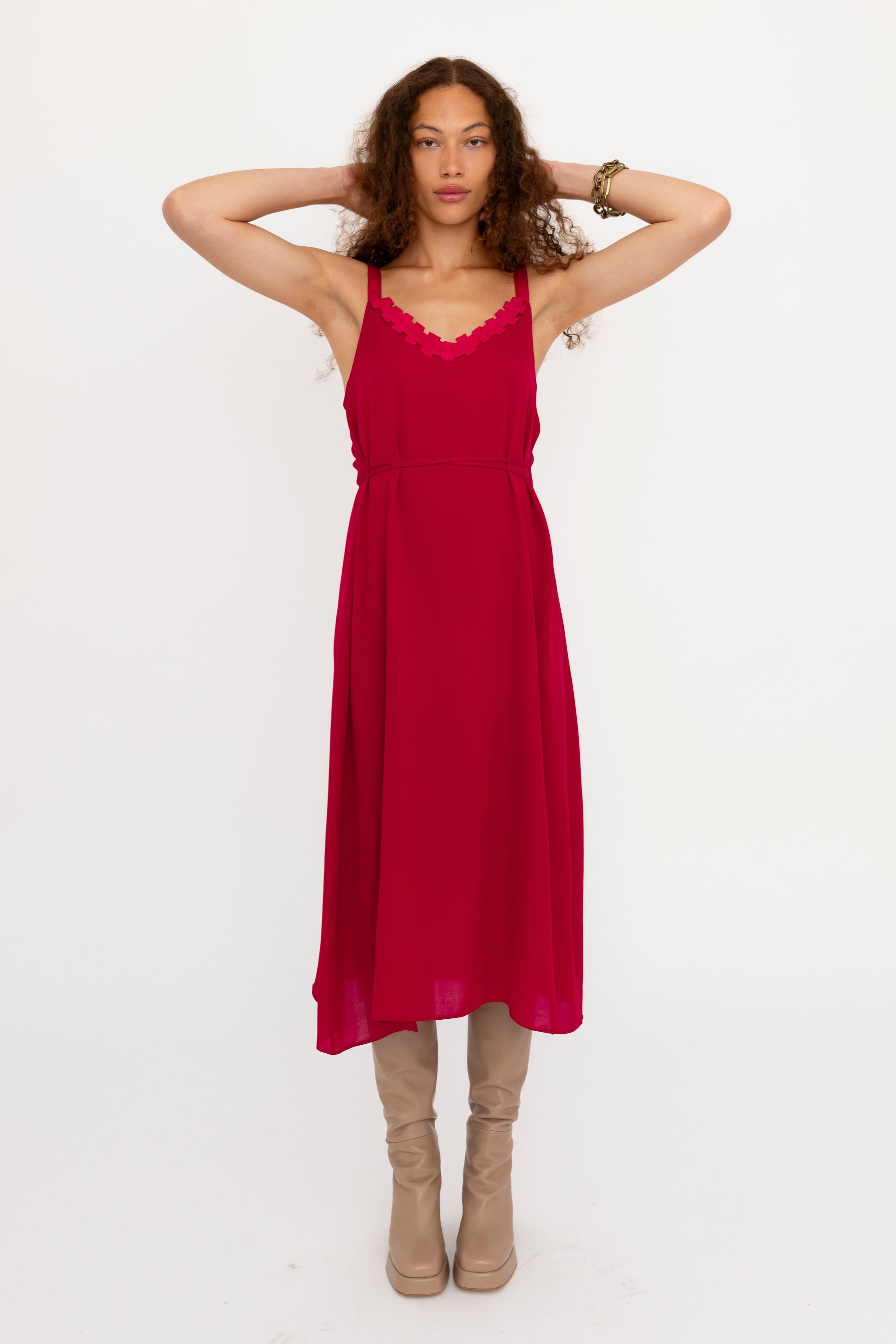 Silk Georgette Strap Midi Dress with Grosgrain Trim - BABETTE Dress GENERAL ORIENT