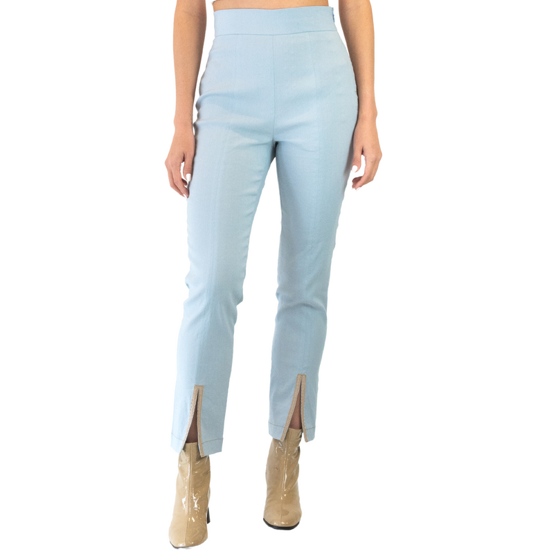 Stretch Linen Slim Pant with Front Ankle Leather Trim - TREVOR Pant STYLEM Cerulean Blue P 