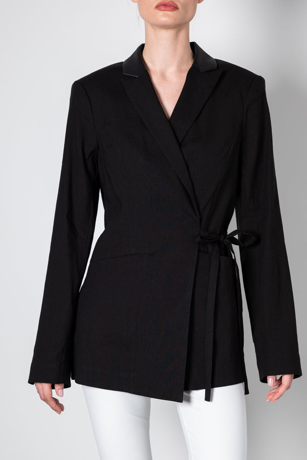 Stretch Linen Peaked Collar Wrap Blazer w/ Leather Trim - WELLINGTON Coat STYLEM Black P 