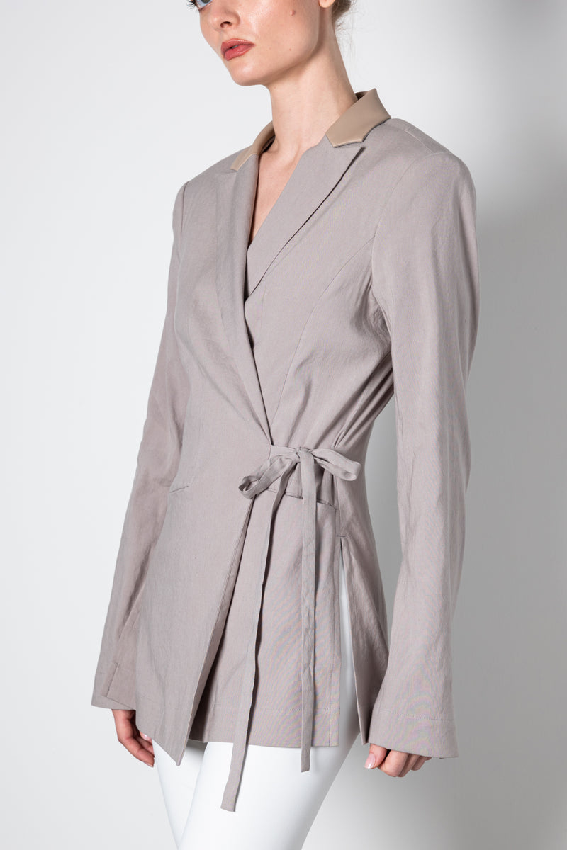 Stretch Linen Peaked Collar Wrap Blazer w/ Leather Trim - WELLINGTON Coat STYLEM   