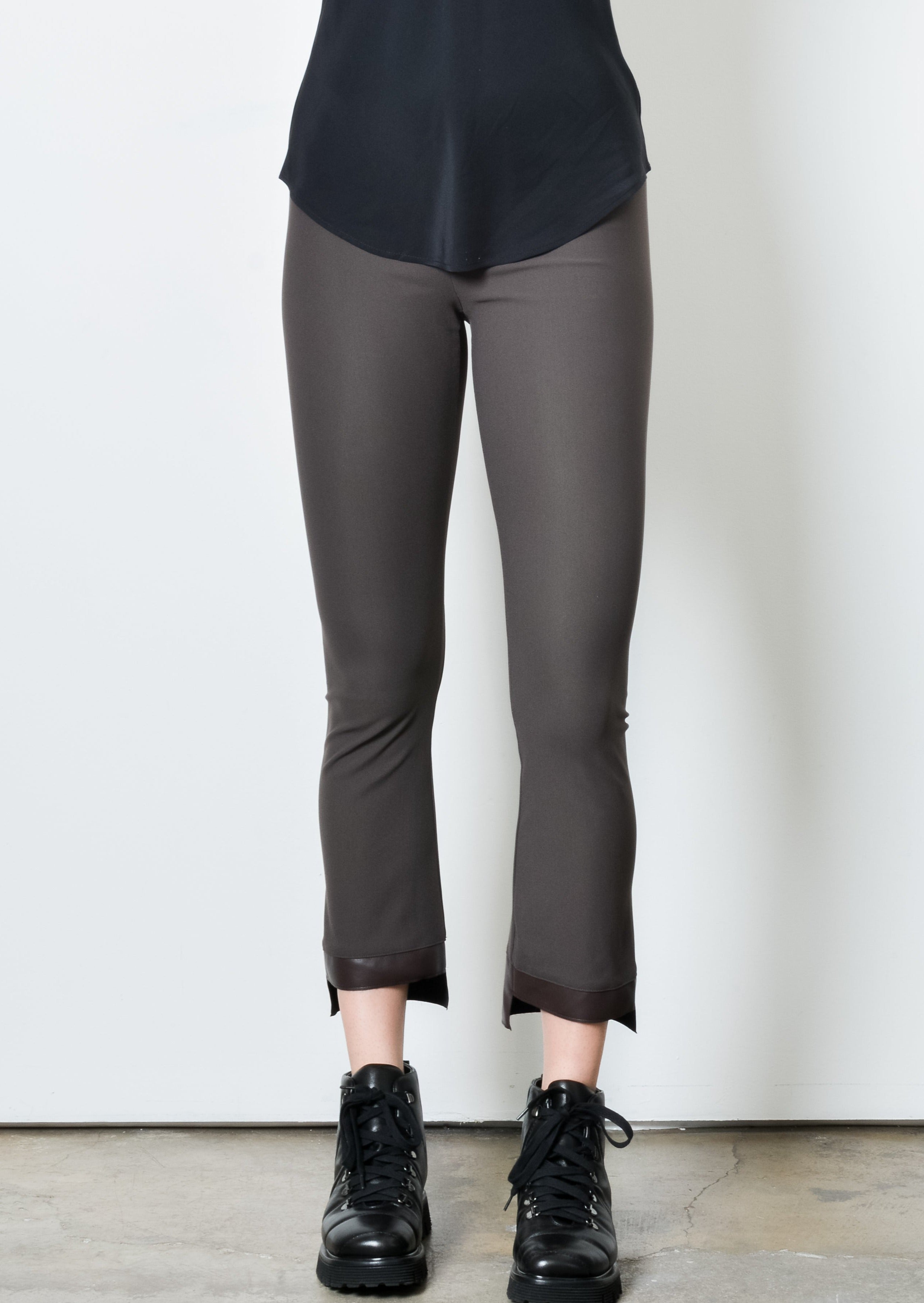 Tech Stretch Vegan Leather Step Hem Cropped Flare Pant - OLGA F2 Pant STYLEM Espresso P