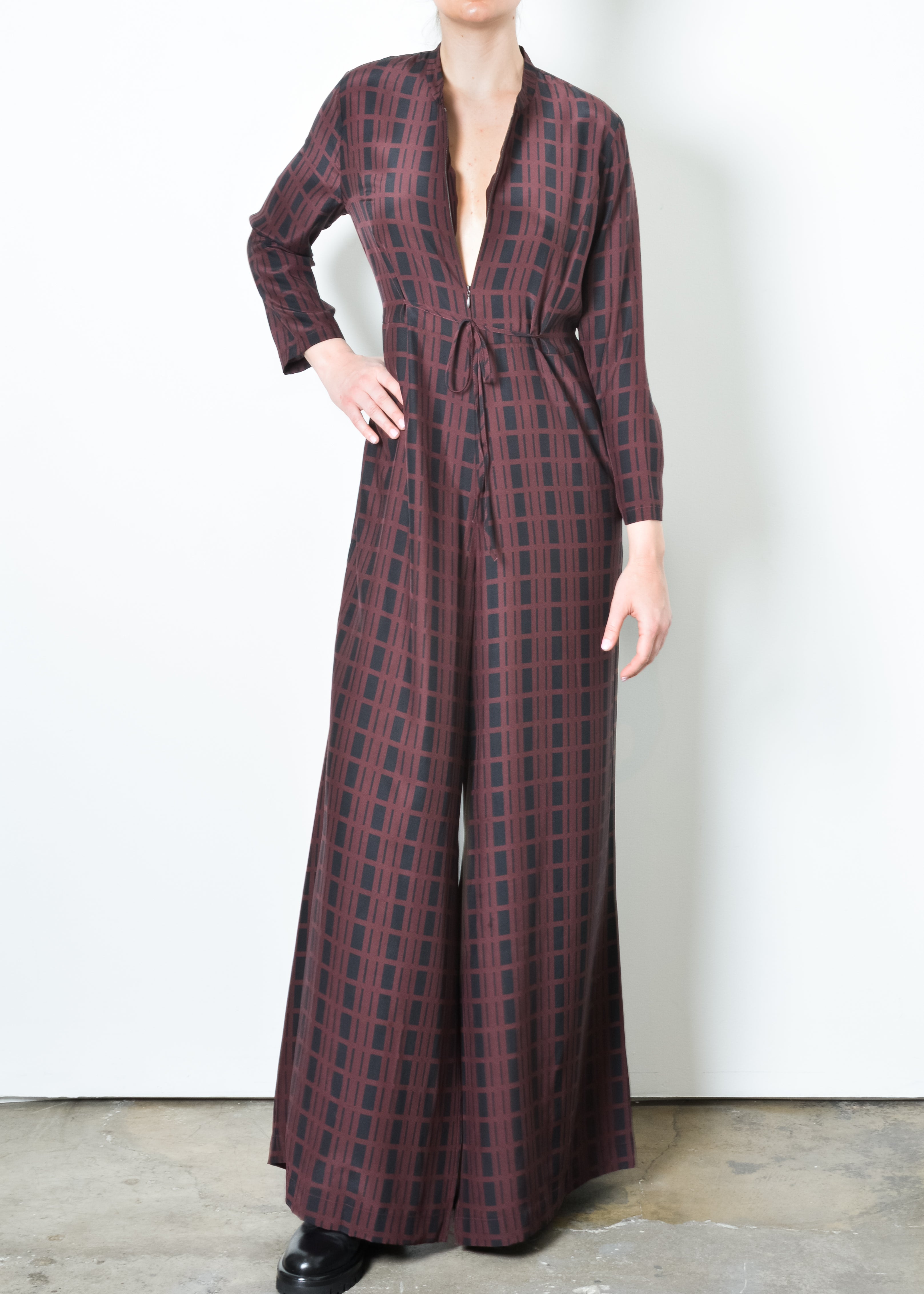 Silk Wide Leg Jumpsuit - TATIANA Jumpsuit GENERAL ORIENT Bordeaux Check P