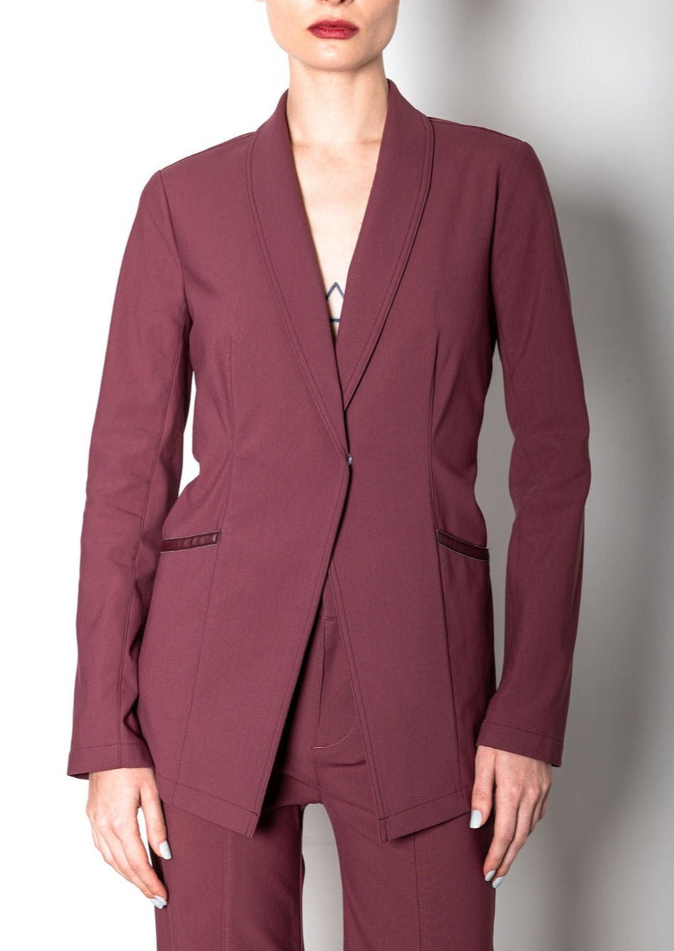 Tech Stretch Shawl Collar Blazer with Zipper - TAMARA F2 Coat STYLEM Bordeaux P