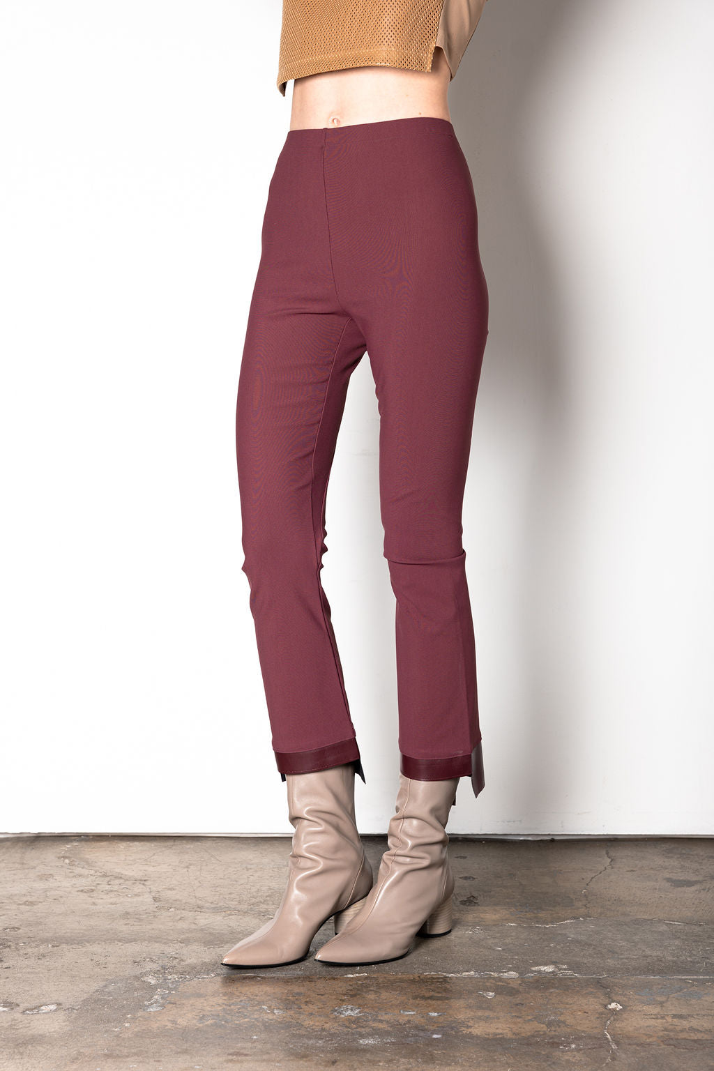 Tech Stretch Vegan Leather Step Hem Cropped Flare Pant - OLGA F2 Pant STYLEM Bordeaux P