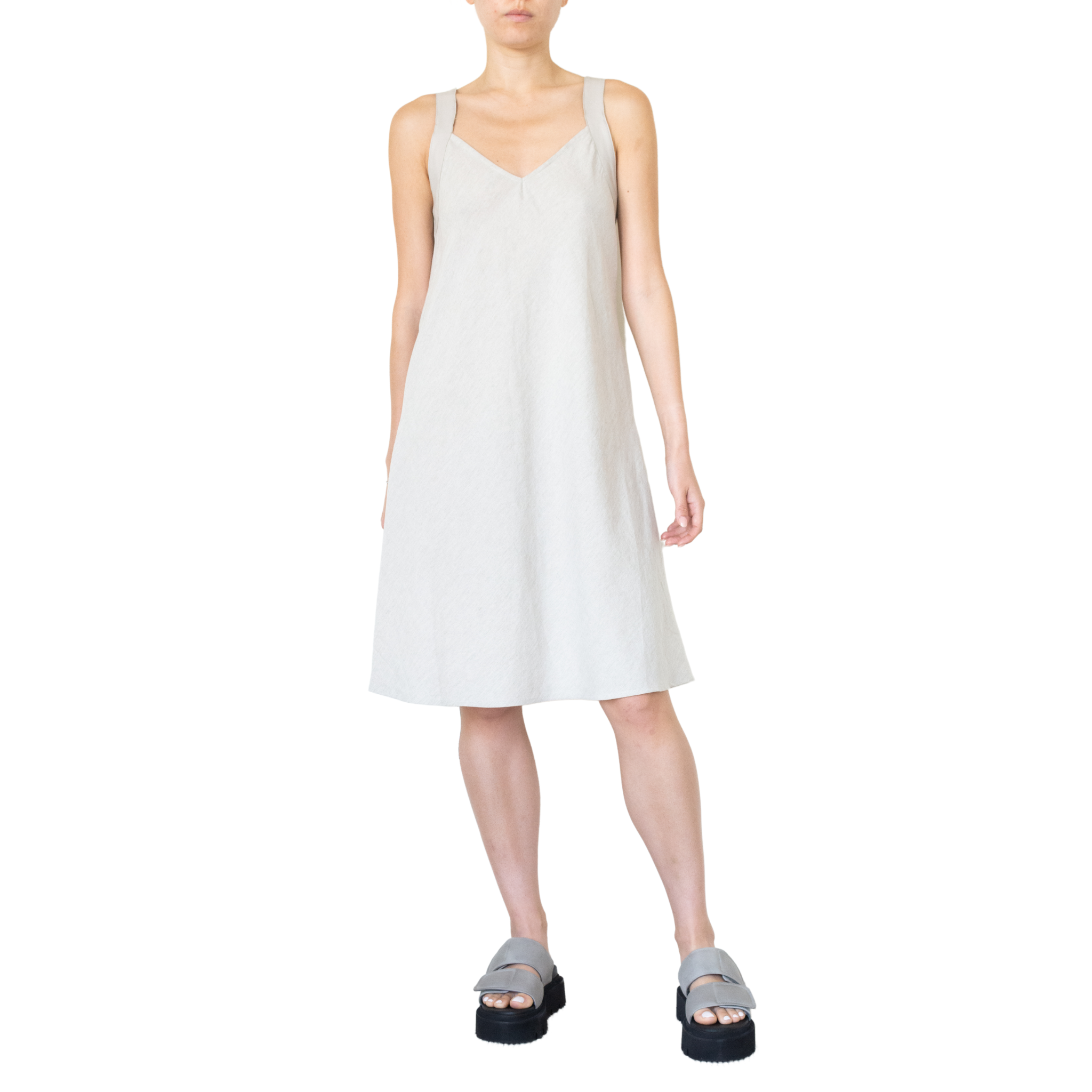 Stretch Linen Dress w/Leather Strap -TEONI SP22 Dress STYLEM Ecru P