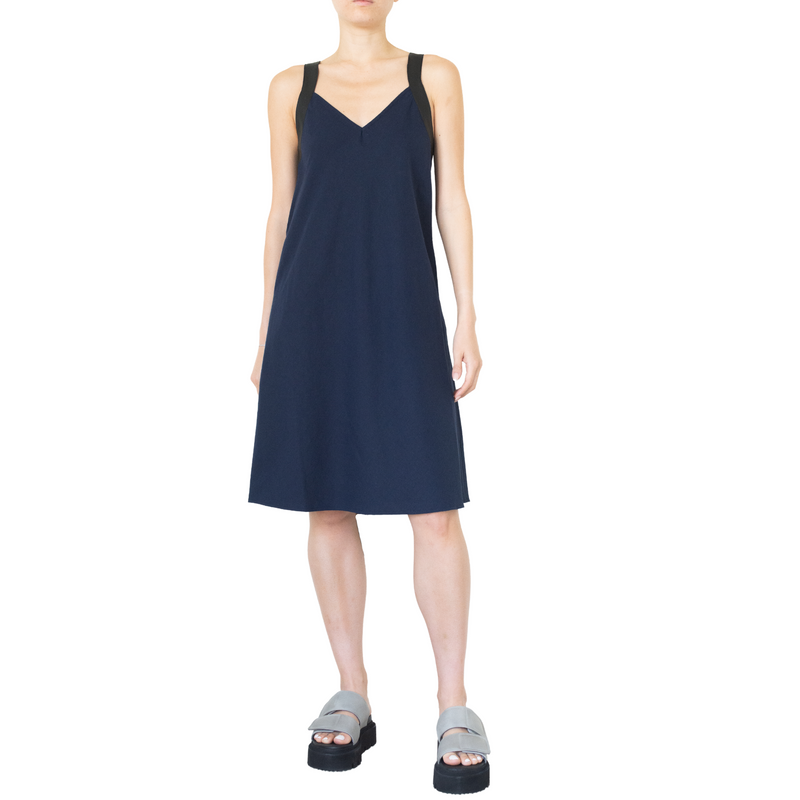 Stretch Linen Dress w/Leather Strap -TEONI SP22 Dress STYLEM Ink P 